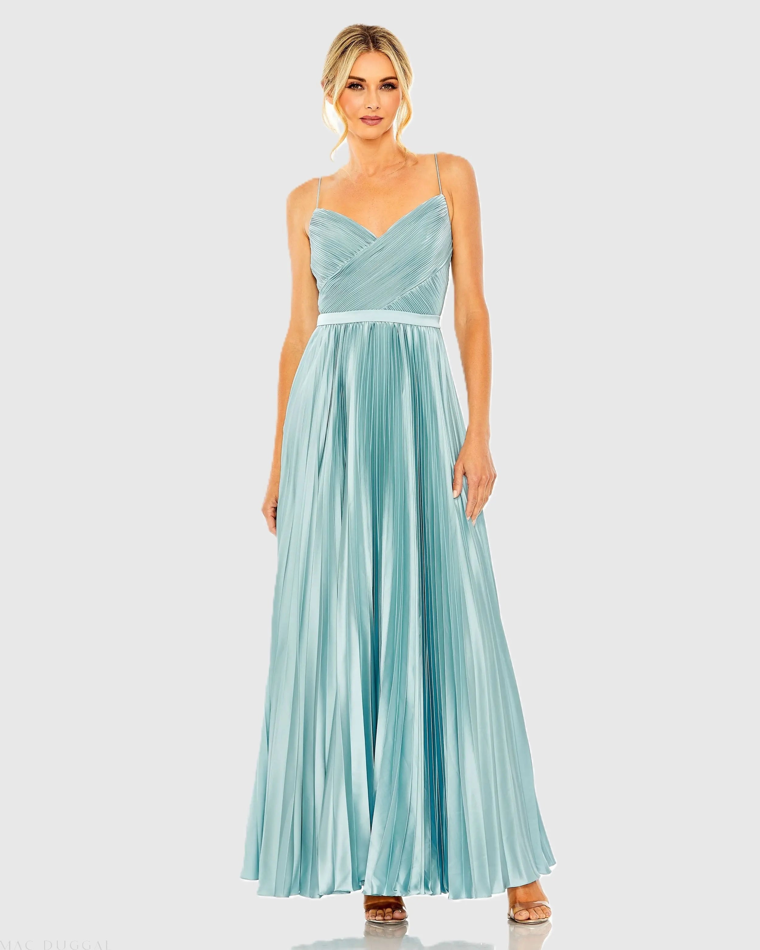 Blue Spaghetti Strap Surplice Top Pleated Dress Mac Duggal