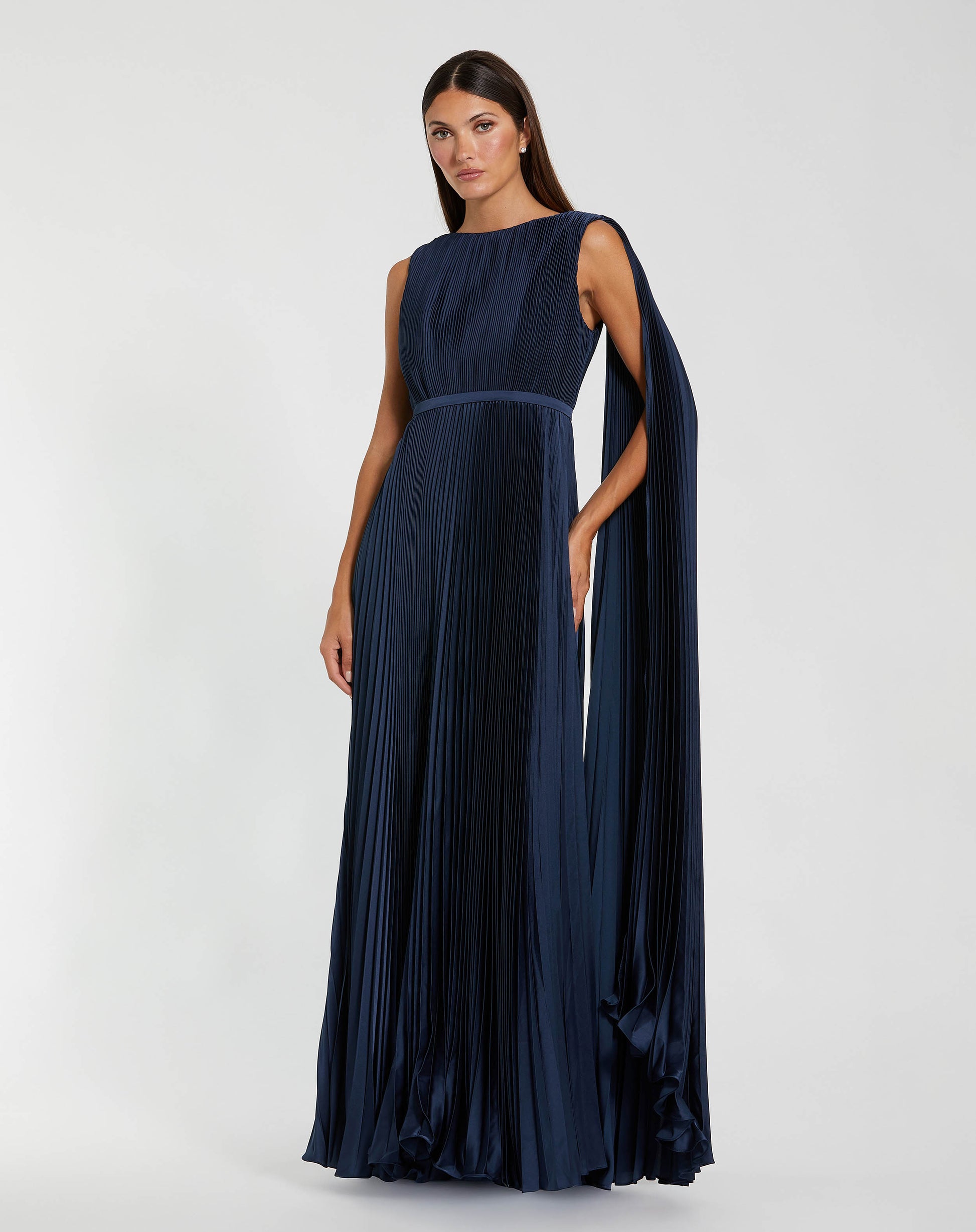 Navy Pleated Open Back Cape Sleeve Gown