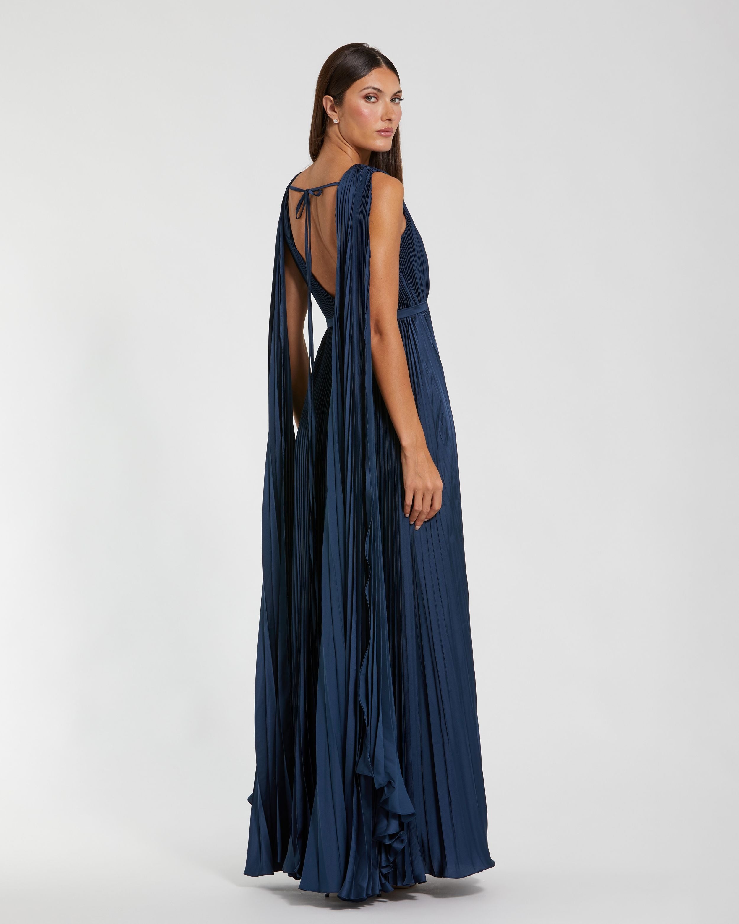 Navy Pleated Cape Back Gown Ieena for Mac Duggal