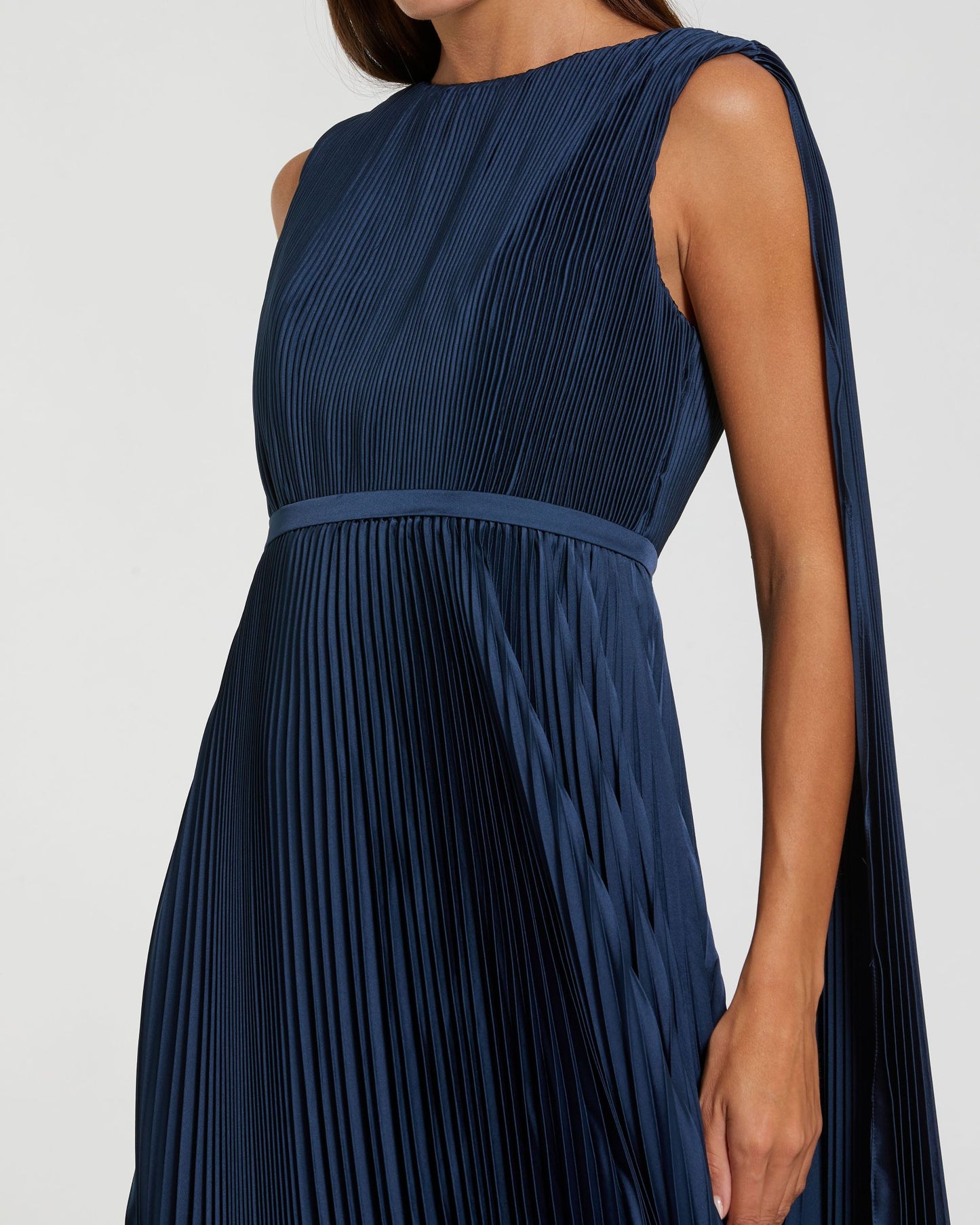 Navy Pleated Cape Back Gown Ieena for Mac Duggal
