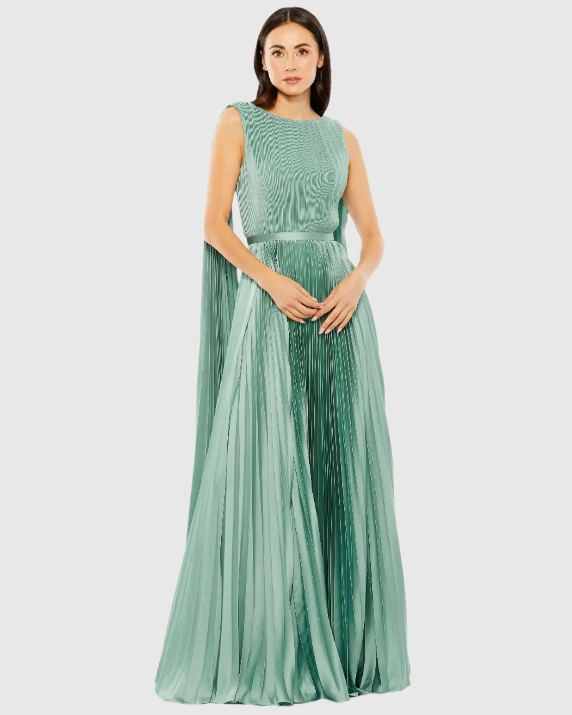 Green Sleeveless High Neck Cape Back Heat Pleated Gown - Mac Duggal Green Sleeveless High Neck Cape Back Heat Pleated Gown - Mac Duggal