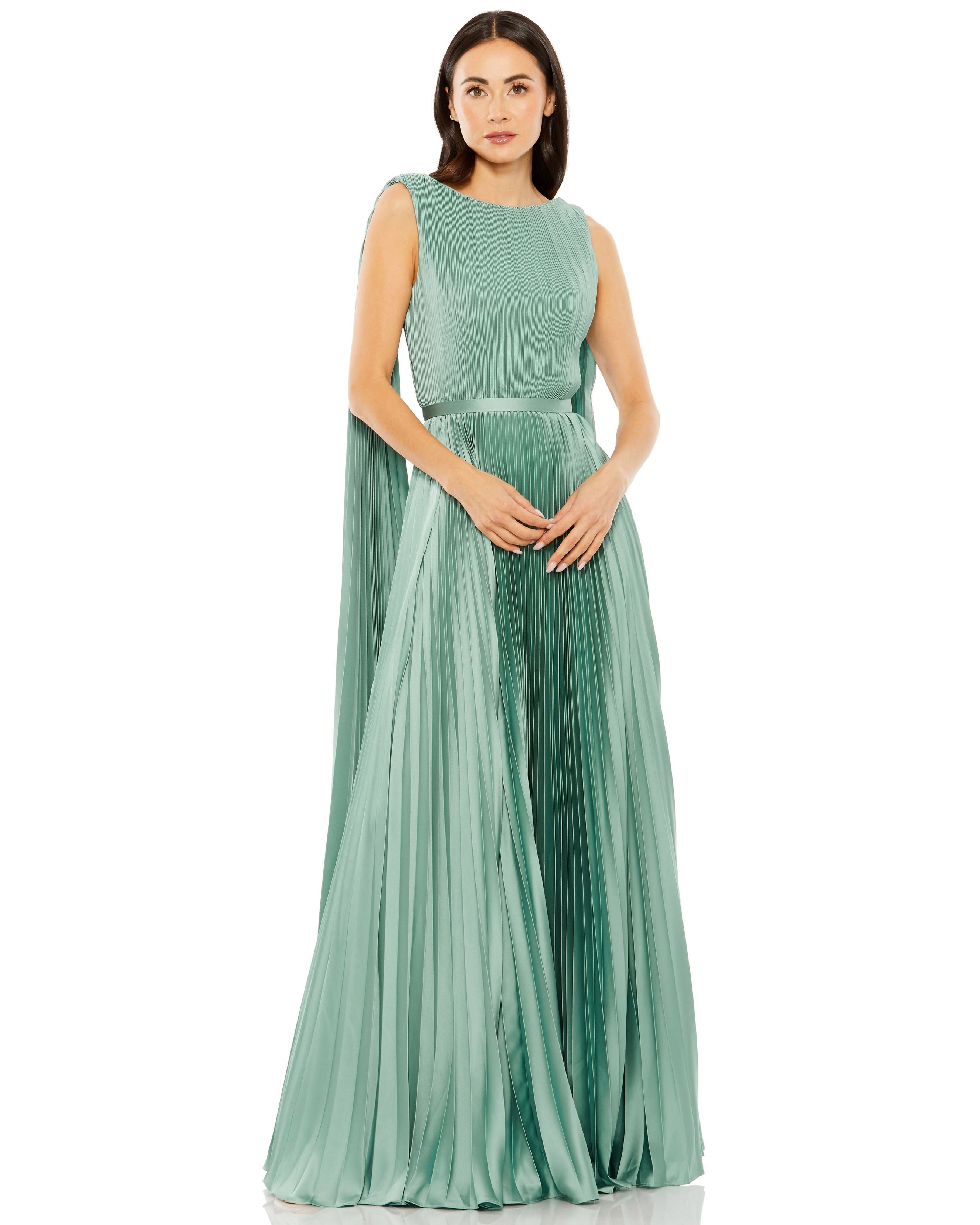 Sleeveless High Neck Cape Back Heat Pleated Gown
