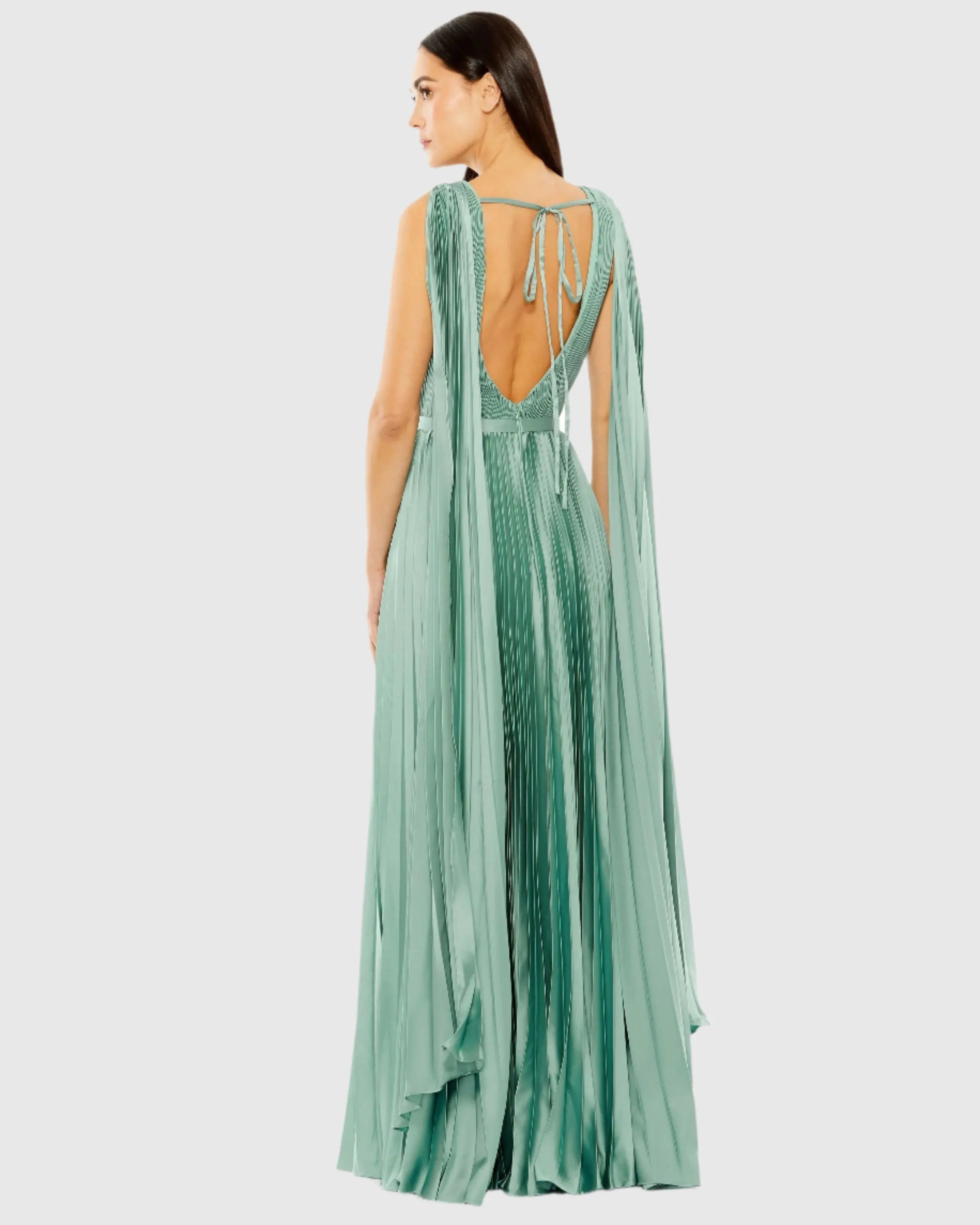 Green Sleeveless High Neck Cape Back Heat Pleated Gown - Mac Duggal
