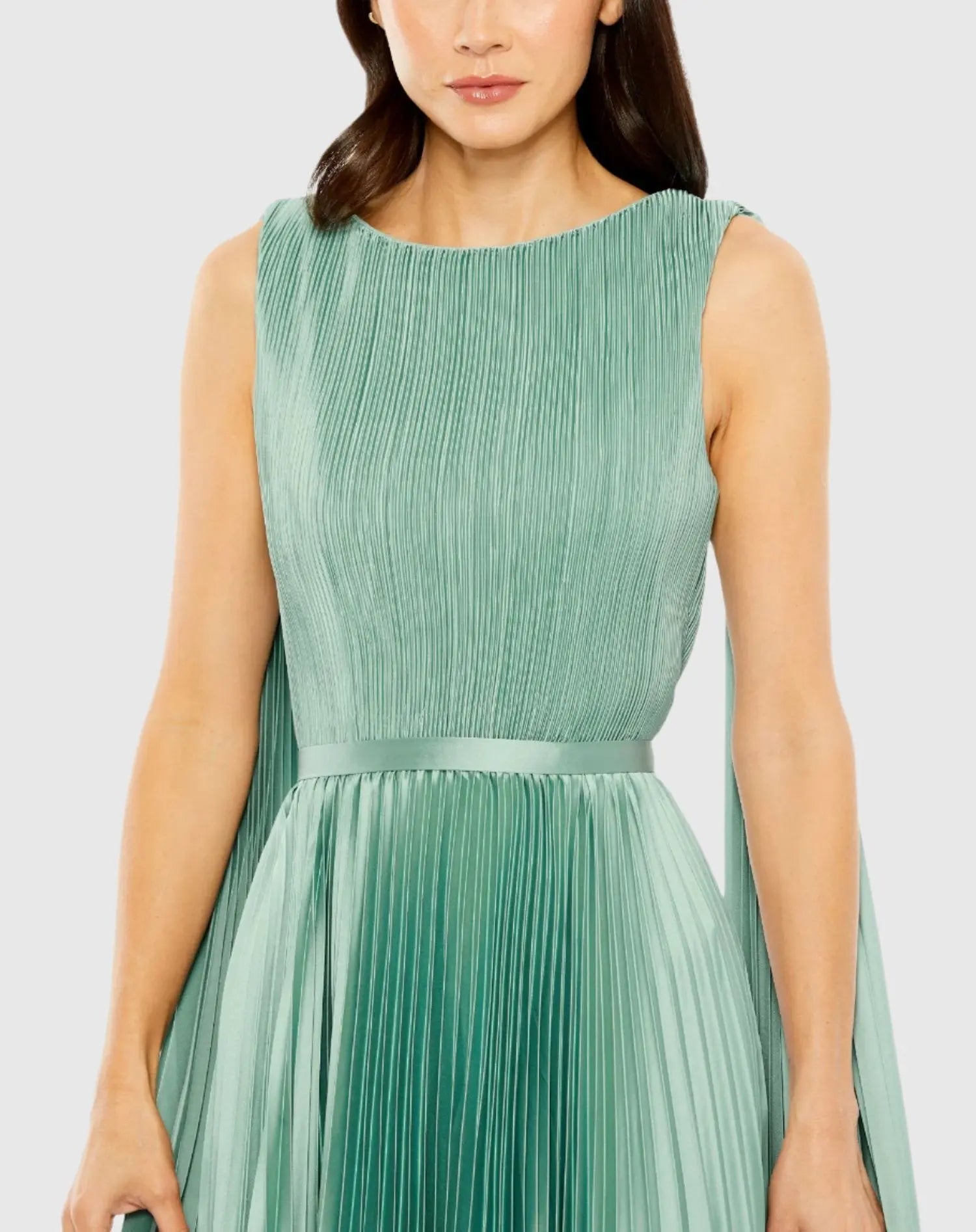 mac duggal green pleated dress Green Pleated Charmeuse V Neck Gown With Cape