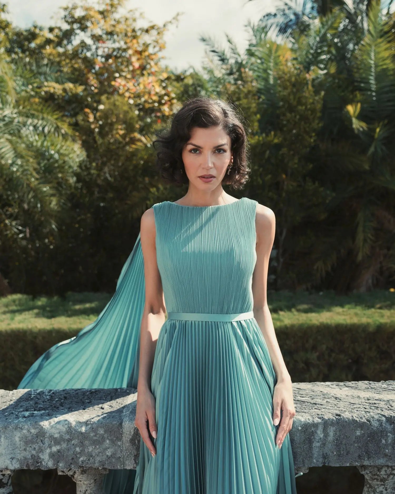 Green Sleeveless High Neck Cape Back Heat Pleated Gown - Mac Duggal