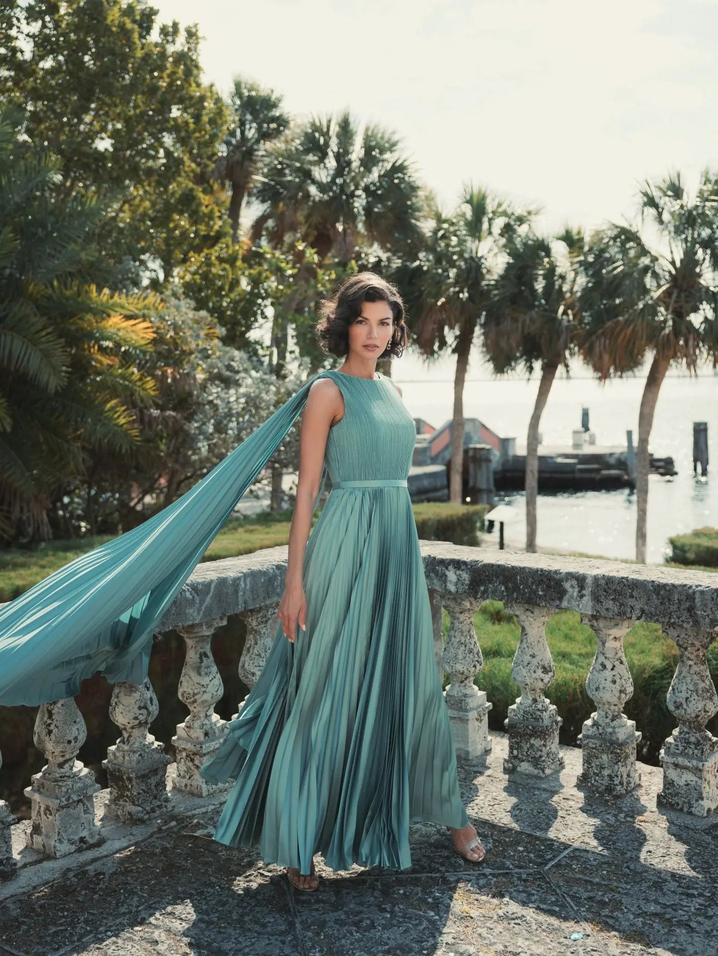 Green Sleeveless High Neck Cape Back Heat Pleated Gown - Mac Duggal