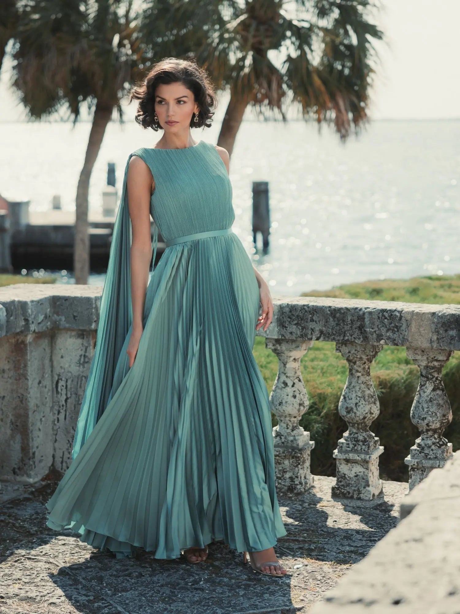 Green Sleeveless High Neck Cape Back Heat Pleated Gown - Mac Duggal
