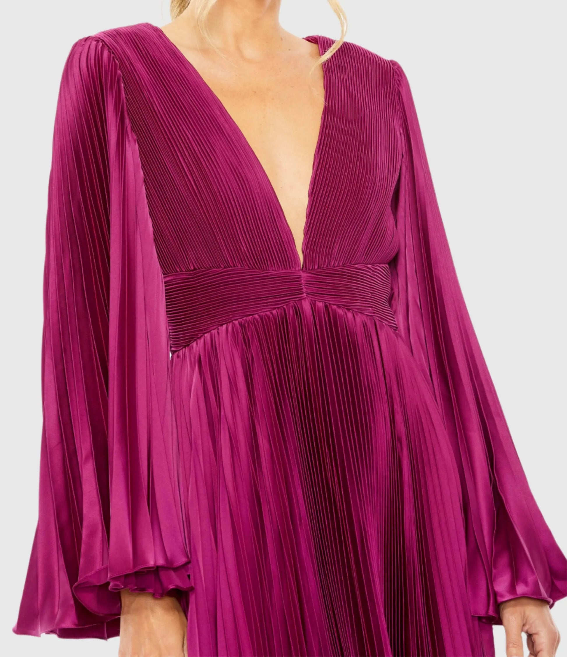 Mac Duggal - Purple Long Flare Sleeve Pleated Dress - FINAL SALE - Berry / US 4 Mac Duggal - Purple Long Flare Sleeve Pleated Dress - FINAL SALE - Berry / US 4