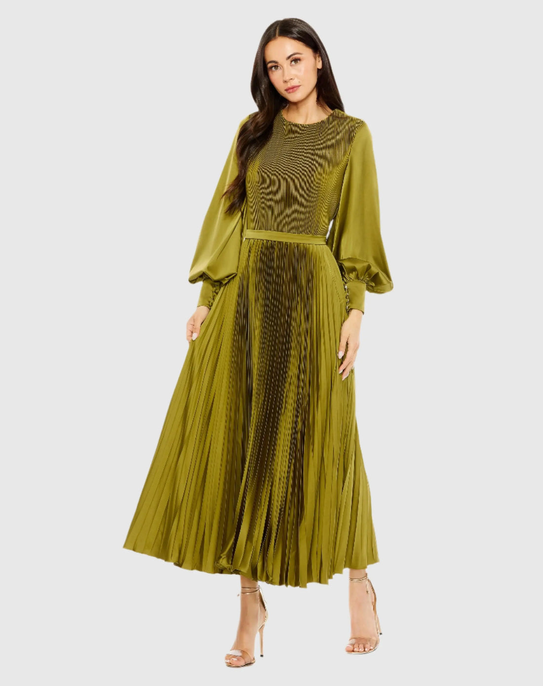 Mac Duggal Long Sleeve High Neck Pleated Dress - Olive Mac Duggal Long Sleeve High Neck Pleated Dress - Olive