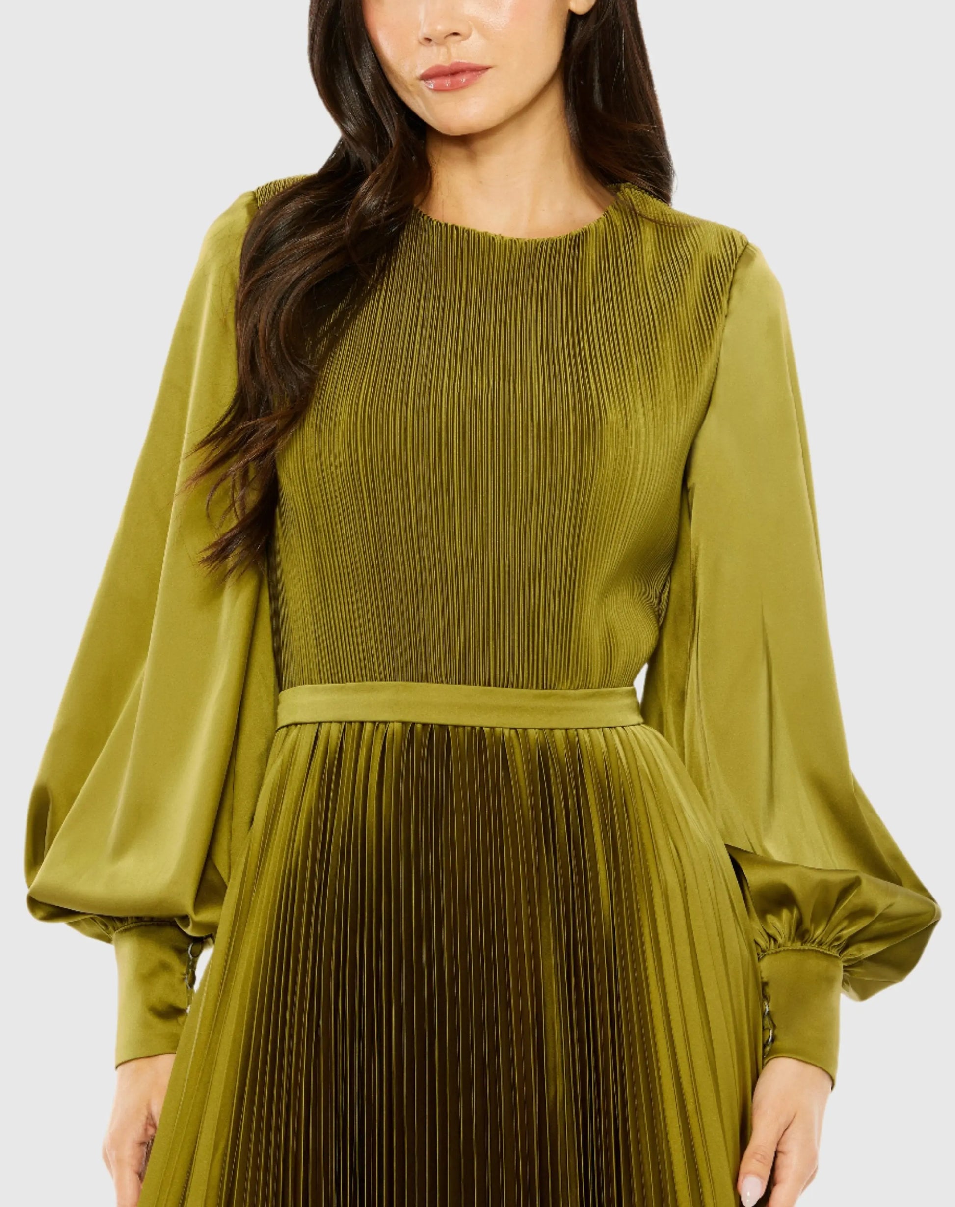 Mac Duggal Long Sleeve High Neck Pleated Dress - Olive Mac Duggal Long Sleeve High Neck Pleated Dress - Olive