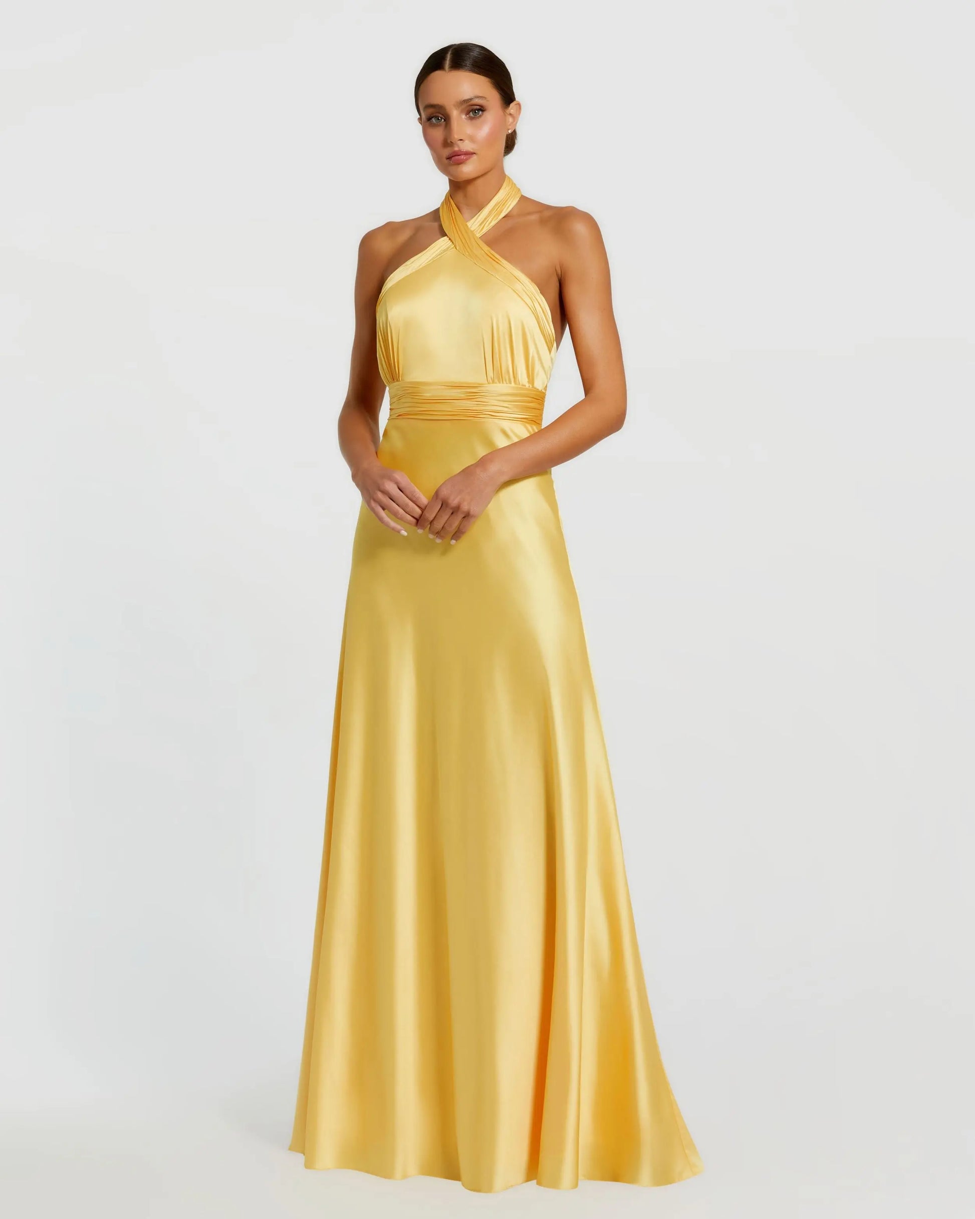 Yellow Ruched Halter Neck Tie Back Satin Gown | Mac Duggal Yellow Ruched Halter Neck Tie Back Satin Gown | Mac Duggal