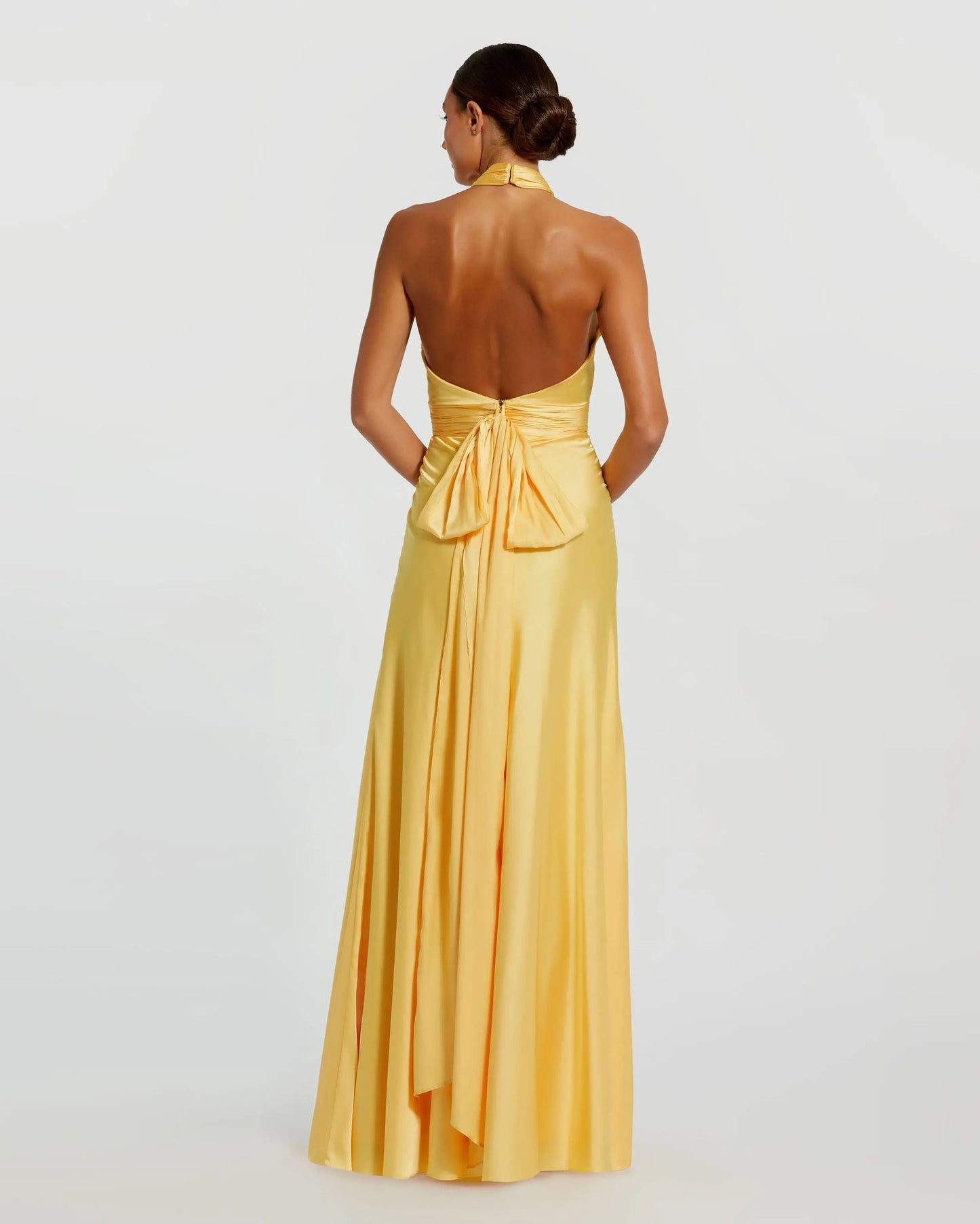 Yellow Ruched Halter Neck Tie Back Satin Gown | Mac Duggal Yellow Ruched Halter Neck Tie Back Satin Gown | Mac Duggal