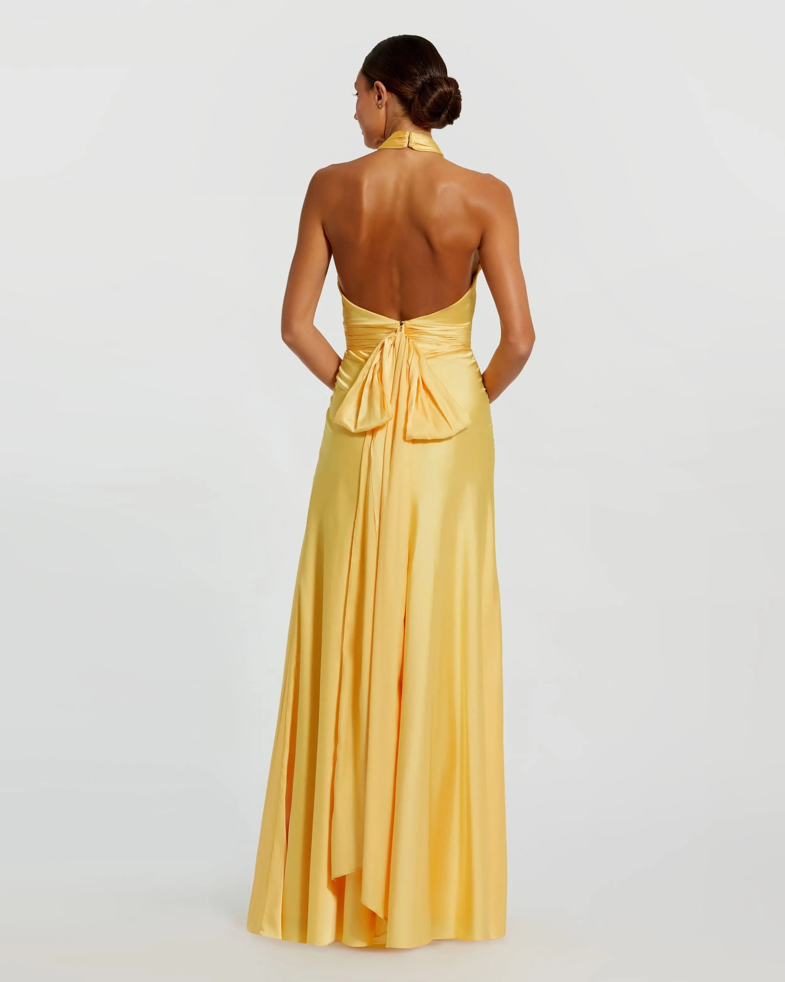 Yellow Ruched Halter Neck Tie Back Satin Gown Mac Duggal