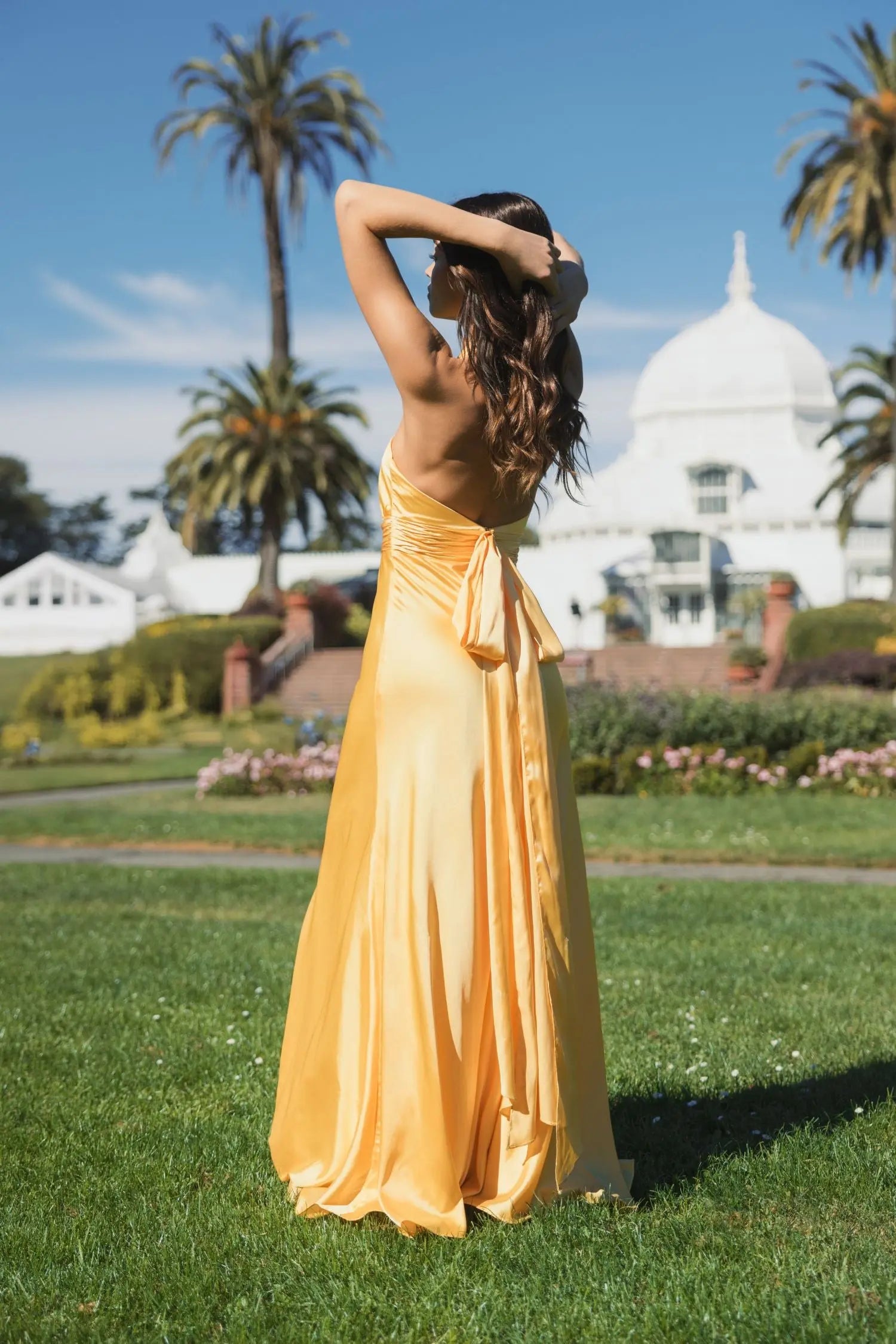 Yellow Ruched Halter Neck Tie Back Satin Gown - Mac Duggal