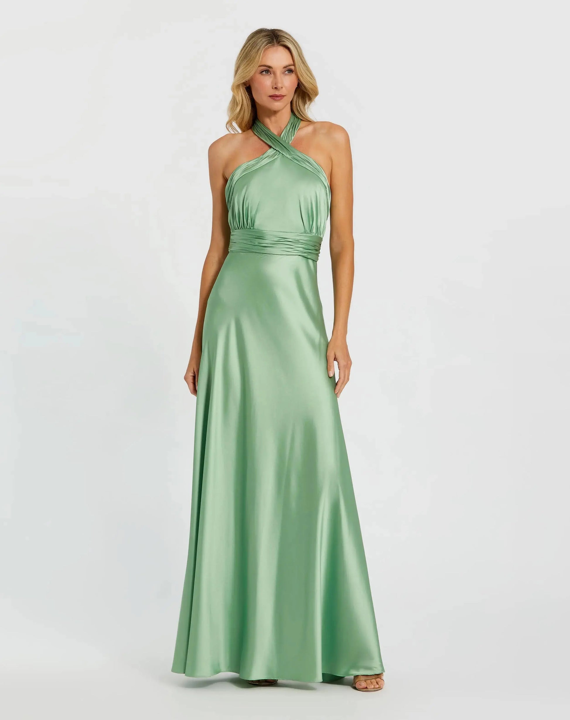 Green Ruched Halter Neck Tie Back Satin Gown | Mac Duggal Green Ruched Halter Neck Tie Back Satin Gown | Mac Duggal