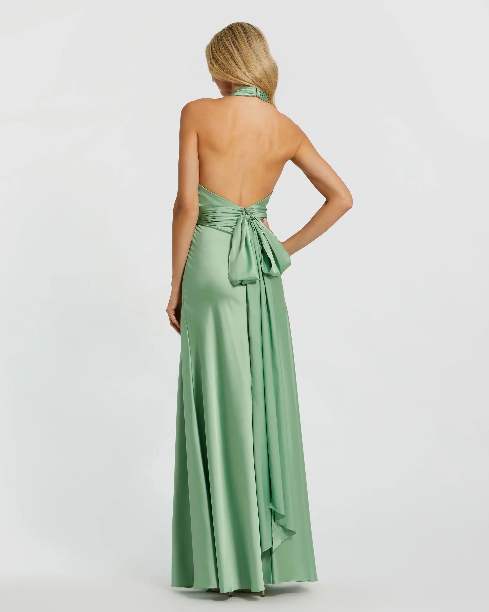 Green Ruched Halter Neck Tie Back Satin Gown - Mac Duggal