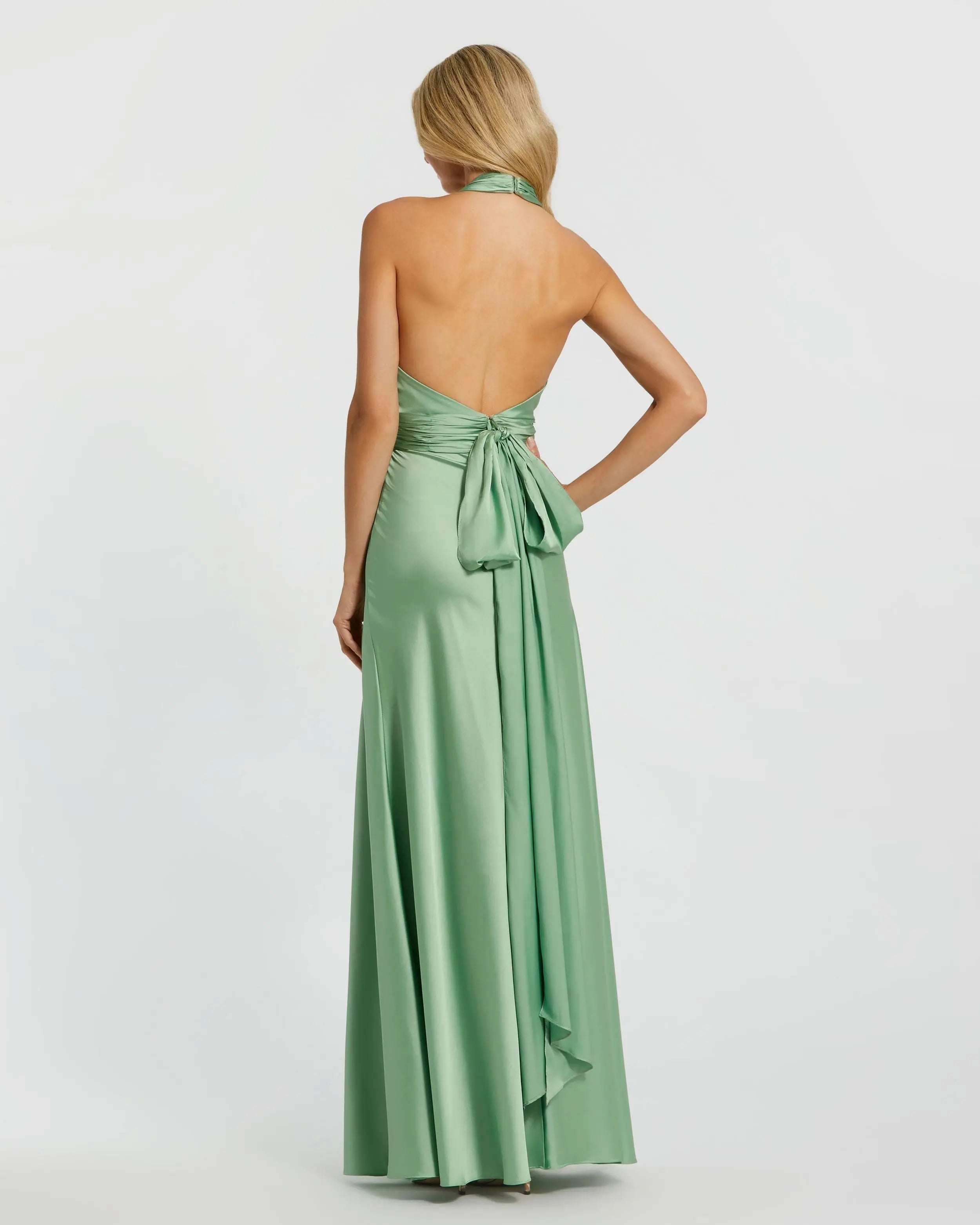 Green Ruched Halter Neck Tie Back Satin Gown - Mac Duggal