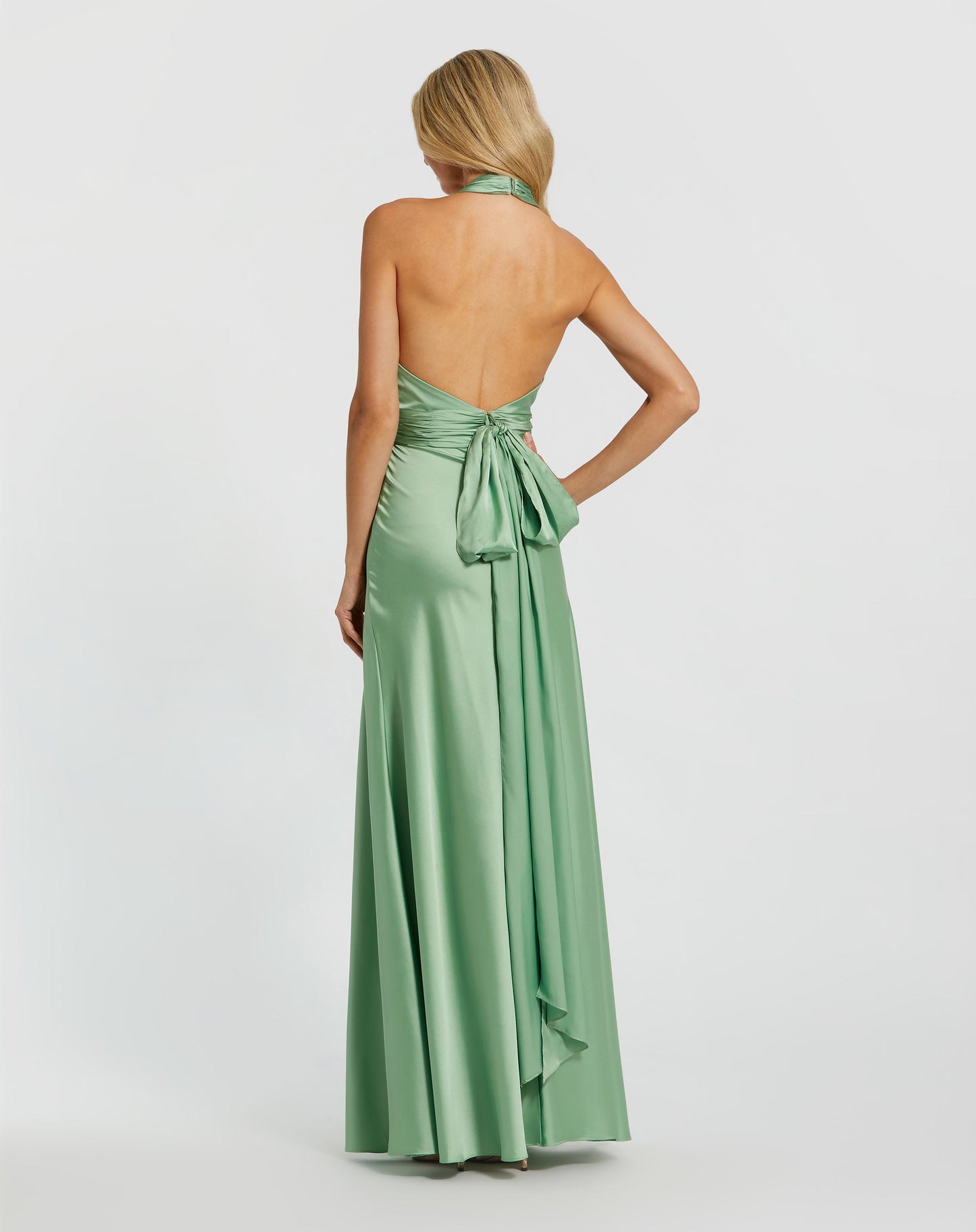 Green Ruched Halter Neck Tie Back Satin Gown