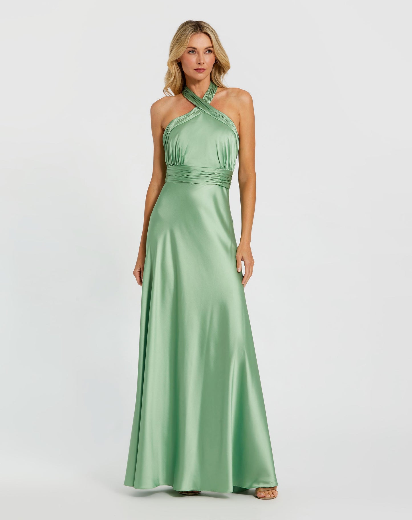 Green Ruched Halter Neck Tie Back Satin Gown