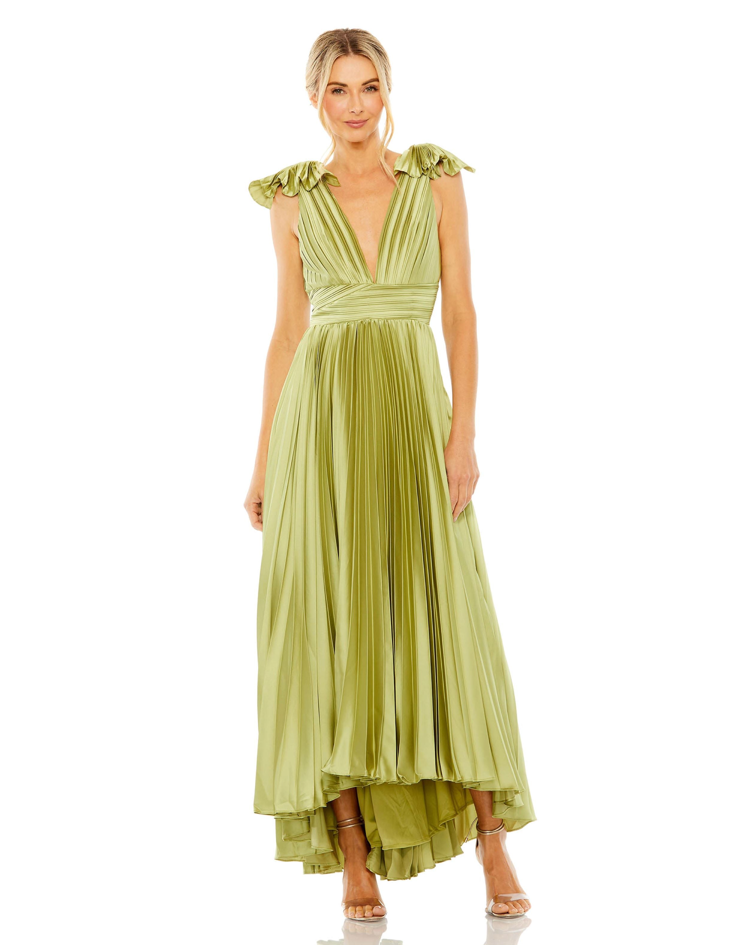 Ruffle Top Sleeveless V Neck Pleated Gown