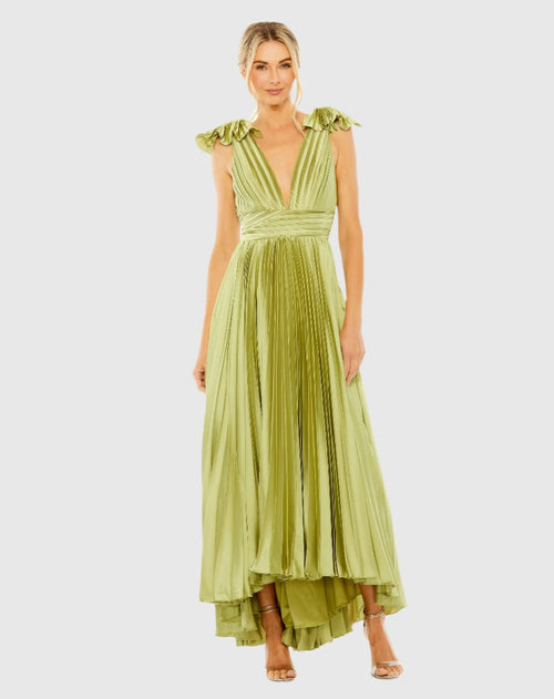 Green Ruffle Top Sleeveless V Neck Pleated Gown - Mac Duggal