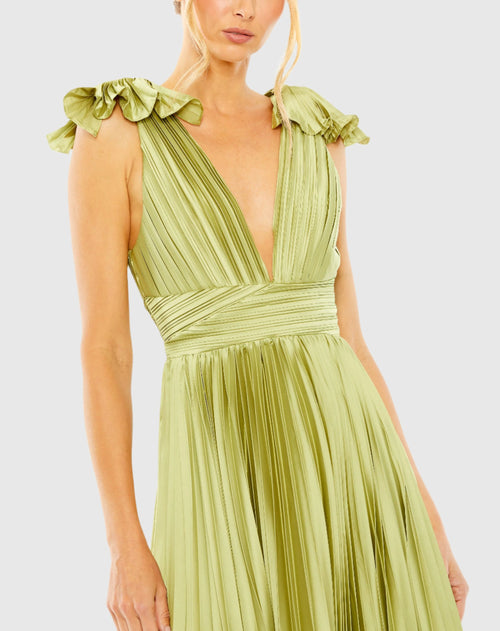 Ruffle Top Sleeveless V Neck Pleated Gown