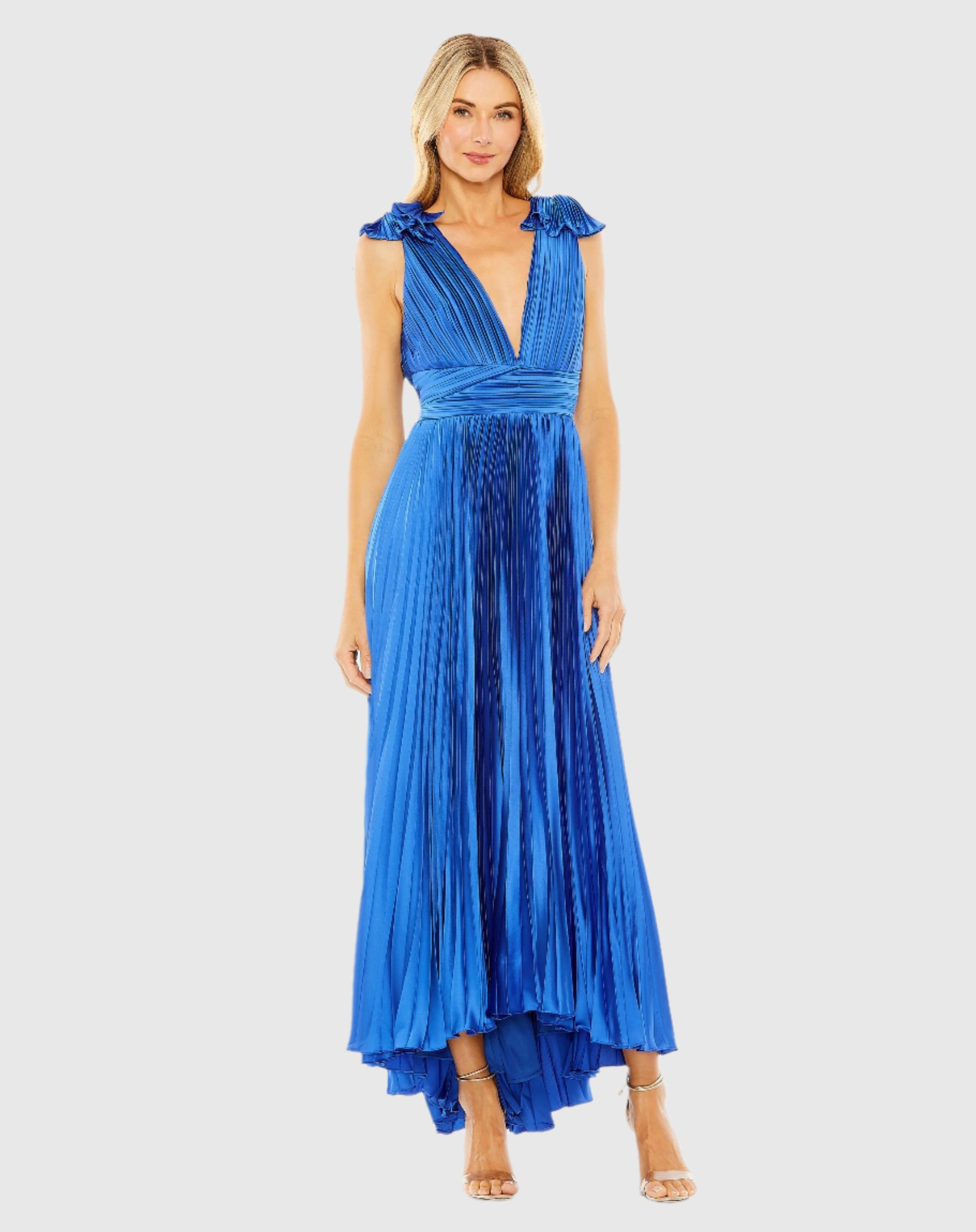 Ruffle Top Sleeveless V Neck Pleated Gown