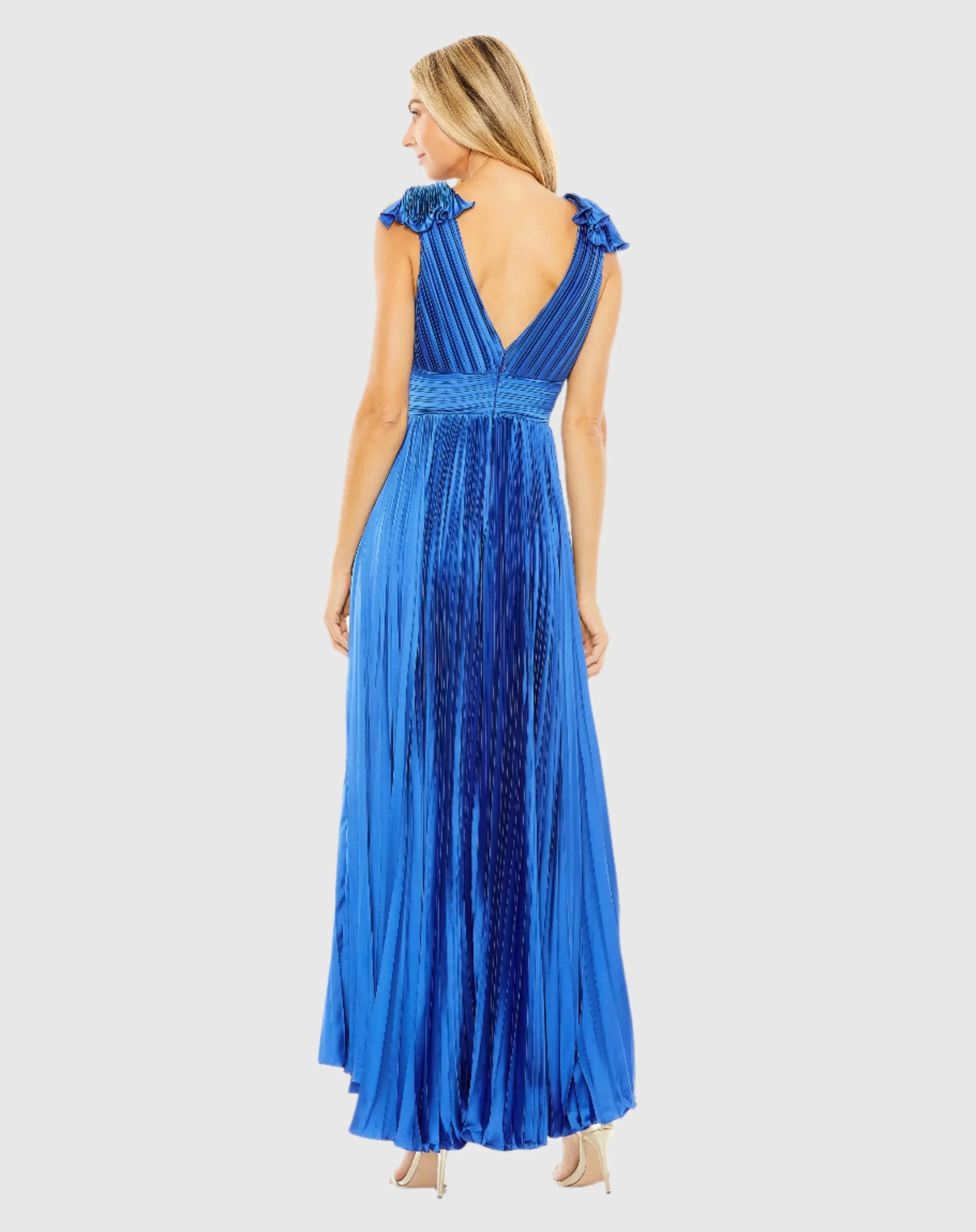 Blue Ruffle Top Sleeveless V Neck Pleated Gown - Mac Duggal