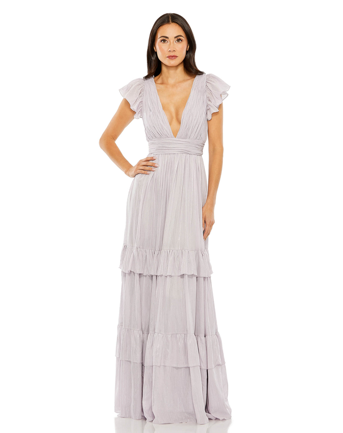 Flutter Sleeve Deep V Tiered Ruffle Gown