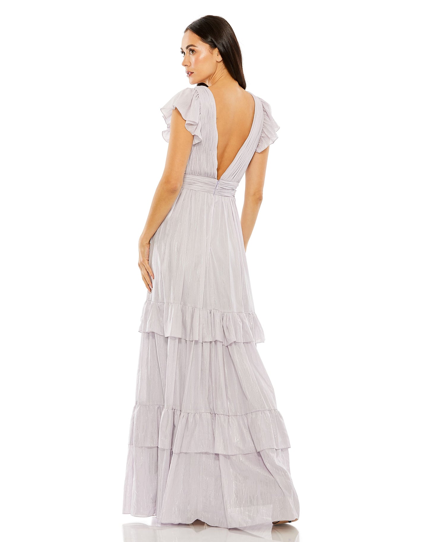 Flutter Sleeve Deep V Tiered Ruffle Gown | Sample | Sz. 2