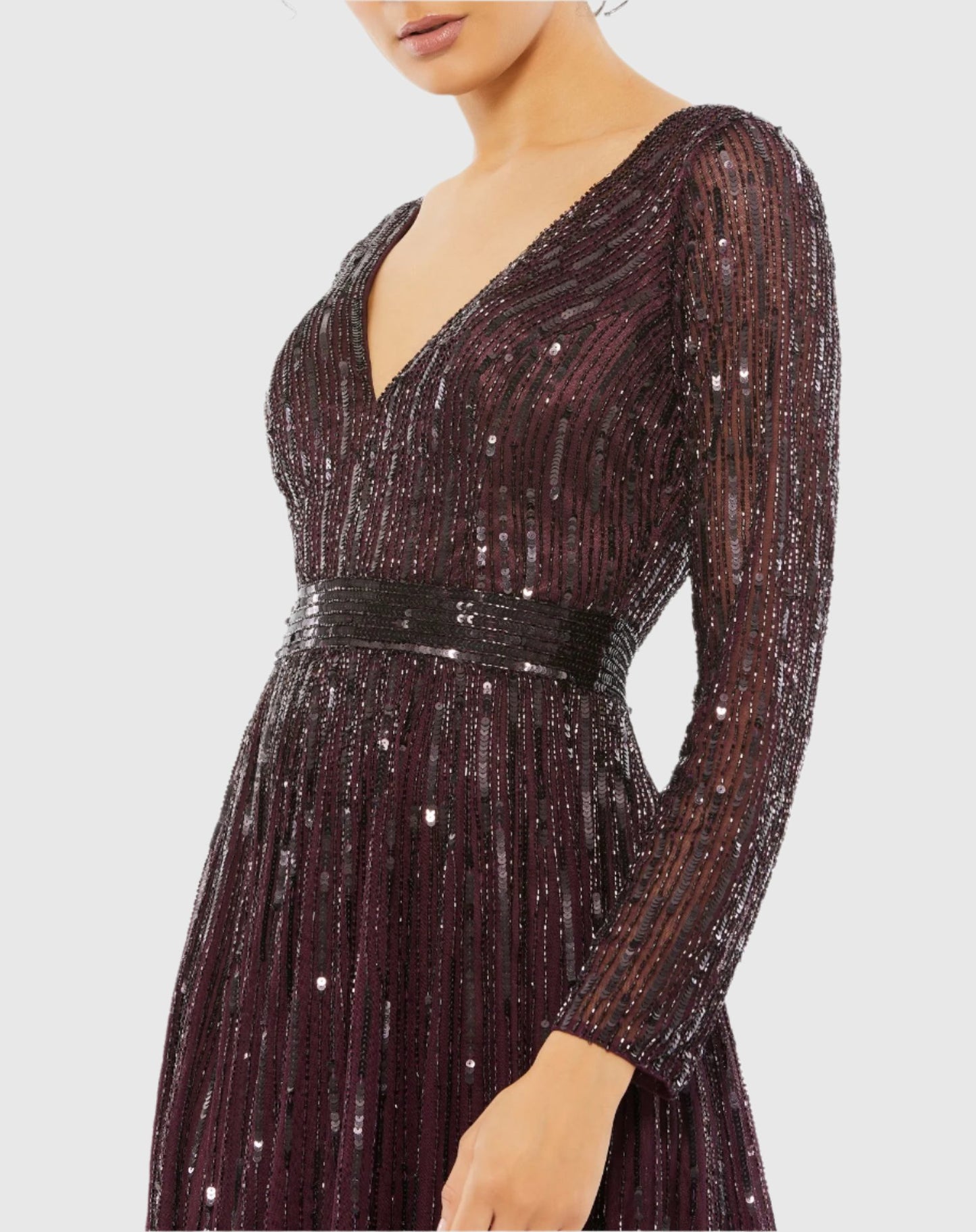 Sequined V Neck Illusion Sleeve A Line Gown