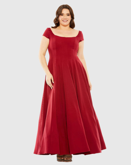 Red Cap Sleeve Square Neck Ball Gown