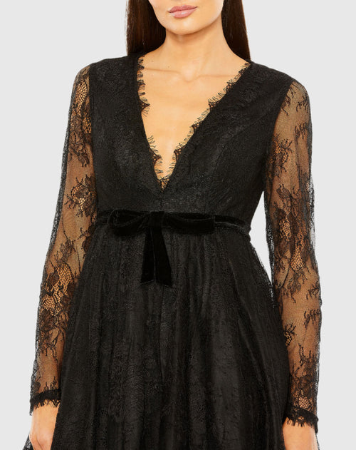 Long Sleeve Deep V Lace Babydoll Dress