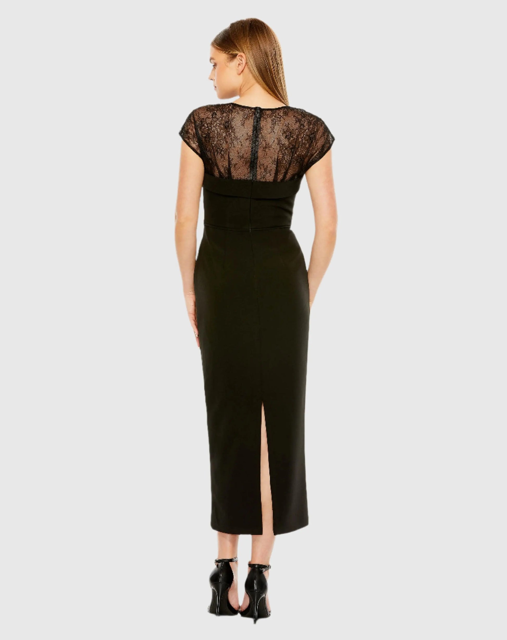 Sheer Lace Top Crepe Midi Dress - Mac Duggal
