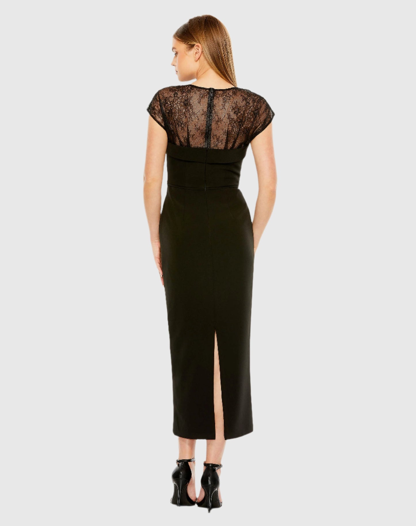 Sheer Lace Top Crepe Midi Dress