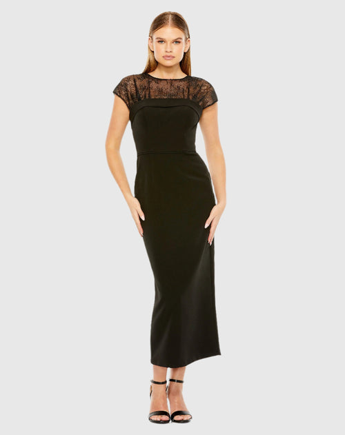 Sheer Lace Top Crepe Midi Dress