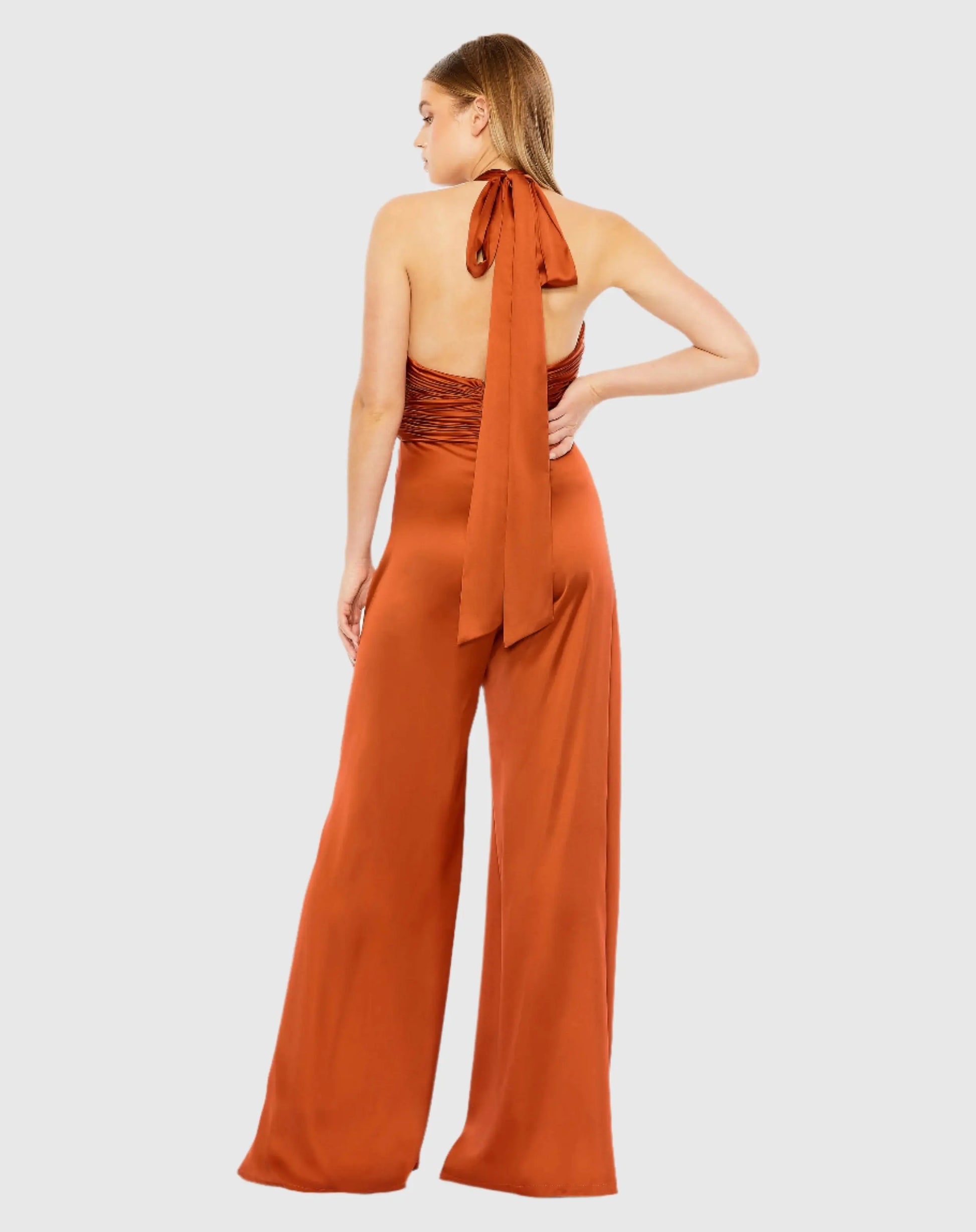 Orange Ruched Halter Top Wide Leg Satin Jumpsuit - Mac Duggal