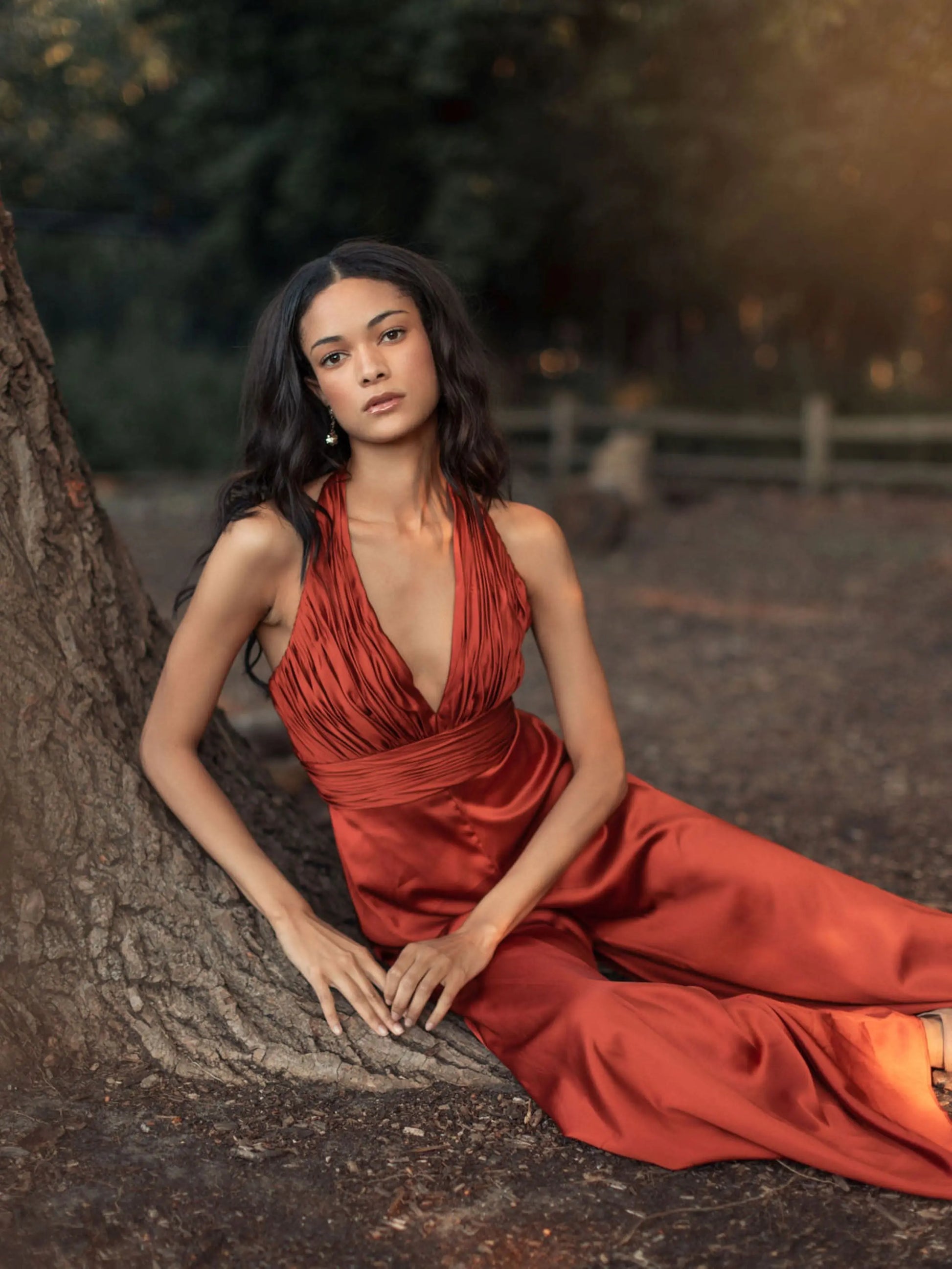 Orange Ruched Halter Top Wide Leg Satin Jumpsuit - Mac Duggal