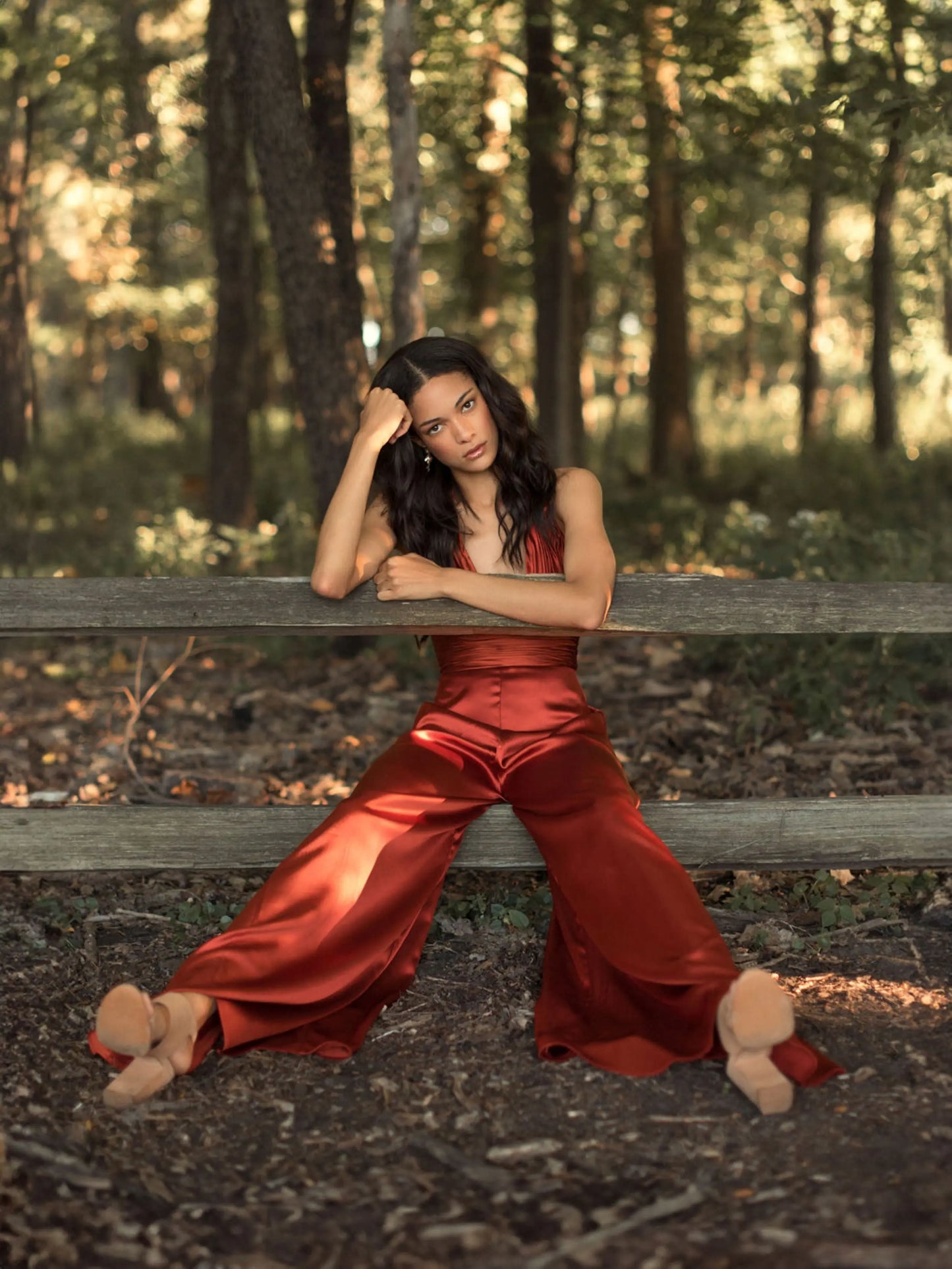 Orange Ruched Halter Top Wide Leg Satin Jumpsuit - Mac Duggal