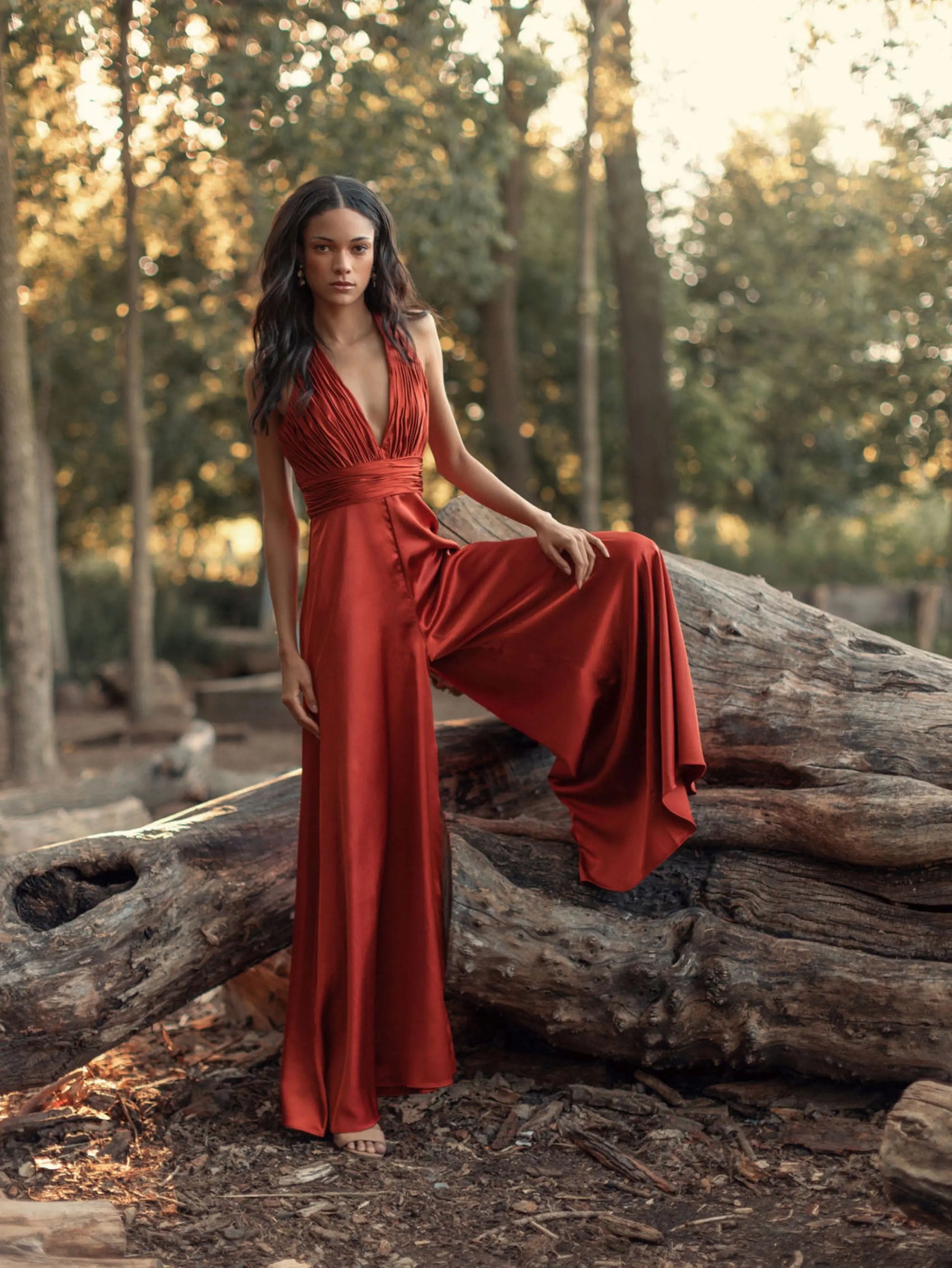 Orange Ruched Halter Top Wide Leg Satin Jumpsuit - Mac Duggal