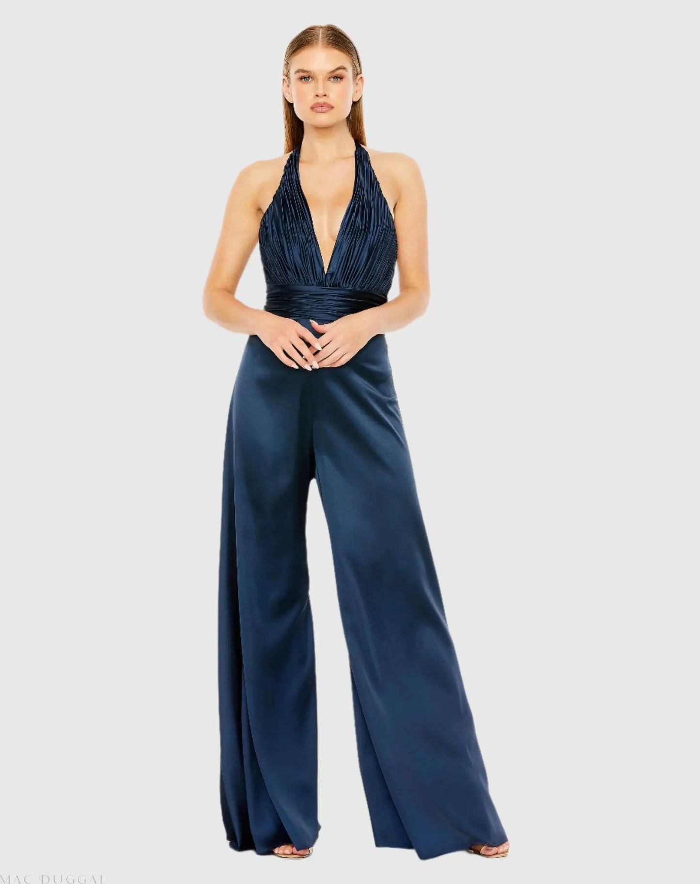Blue Ruched Halter Top Wide Leg Satin Jumpsuit - Ieena for Mac Duggal