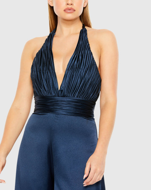 Blue Ruched Halter Top Wide Leg Satin Jumpsuit