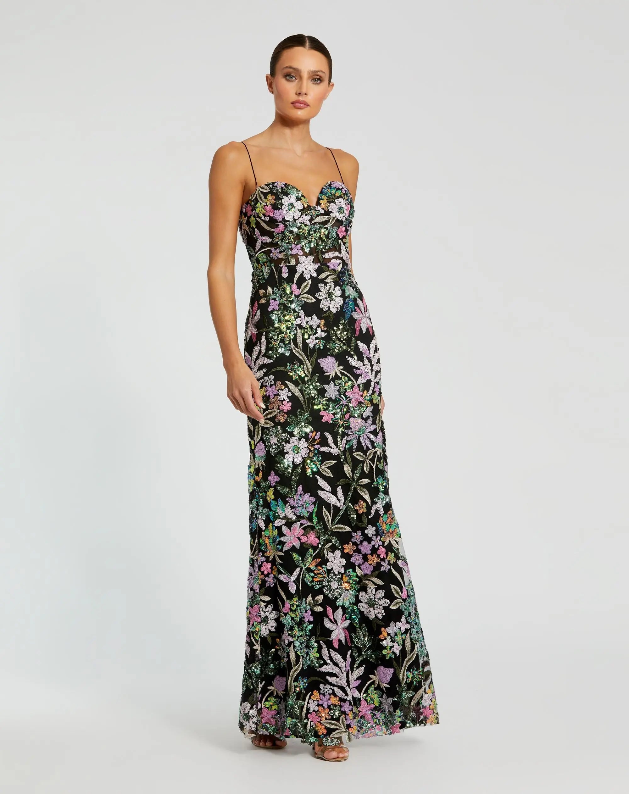 Black Multicolor Embroidered Bustier Trumpet Gown - Mac Duggal