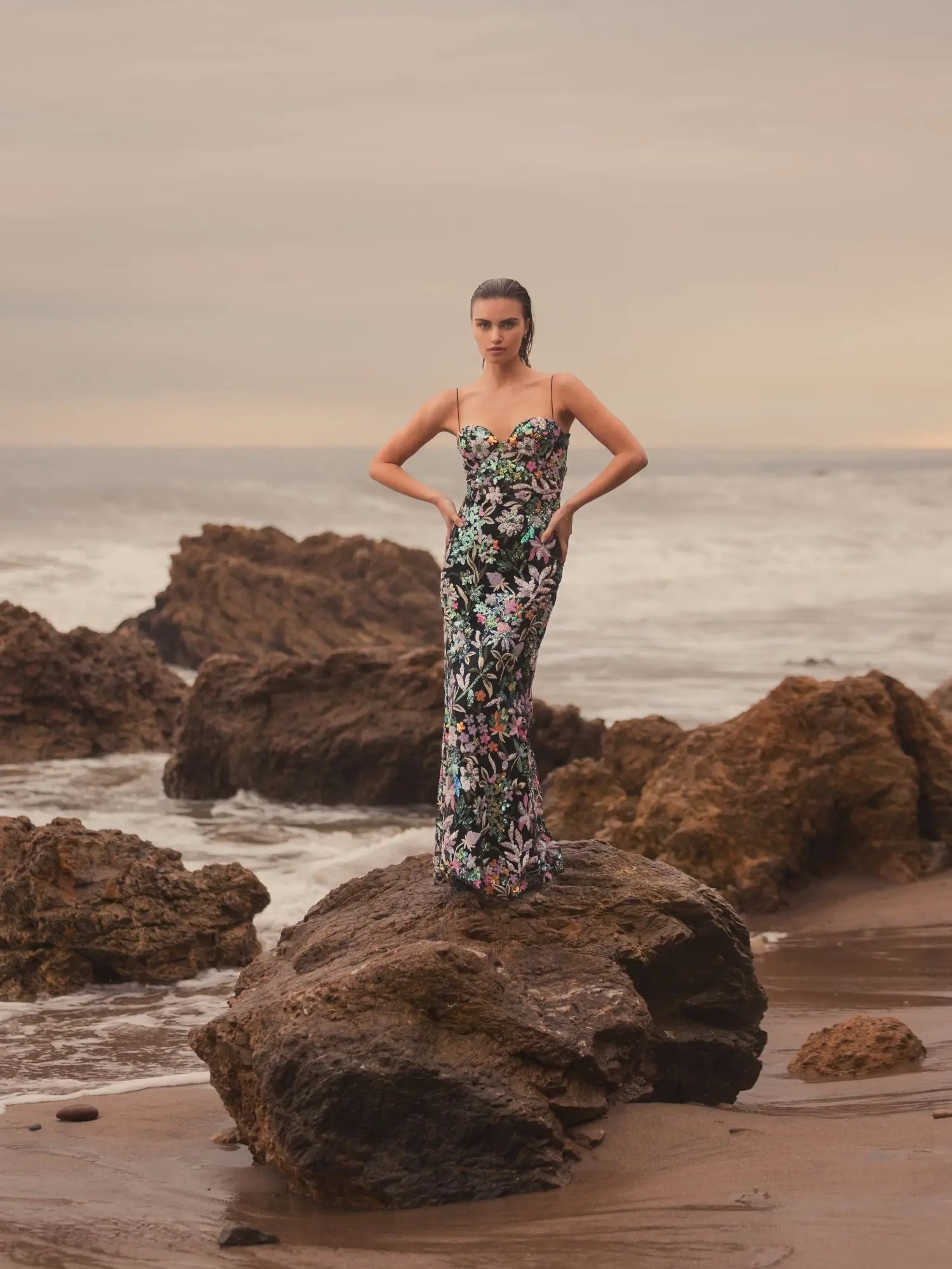 Black Multicolor Embroidered Bustier Trumpet Gown | Mac Duggal