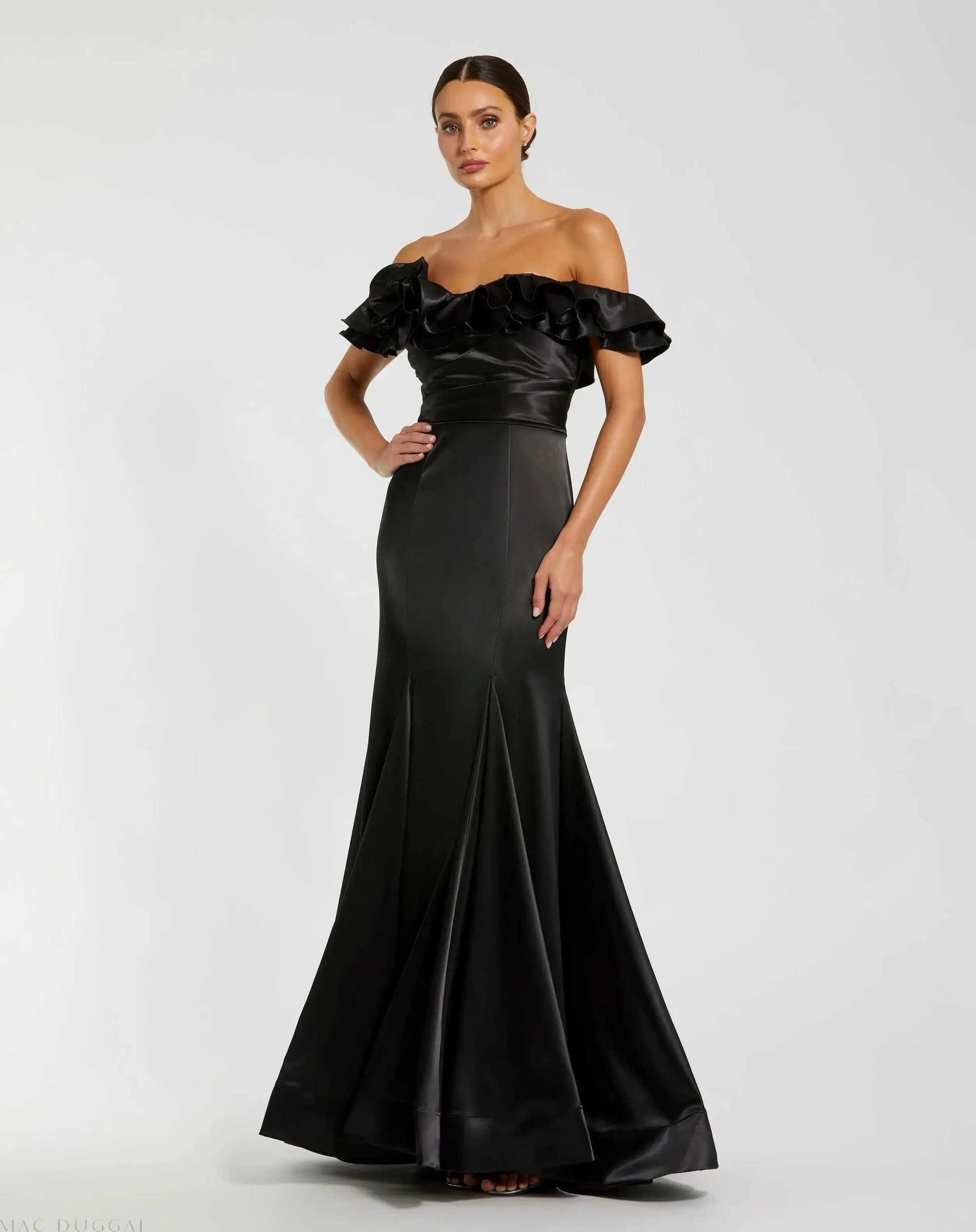 Black Satin Ruffle Off the Shoulder Mermaid Gown - Mac Duggal Black Satin Ruffle Off the Shoulder Mermaid Gown - Mac Duggal