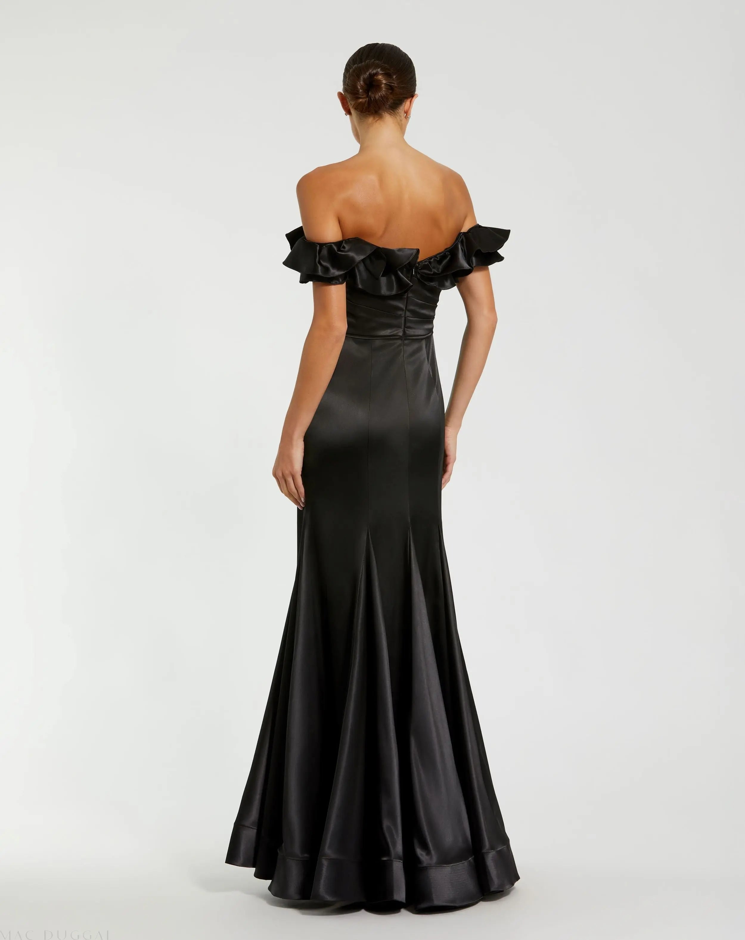 Black Satin Ruffle Off the Shoulder Mermaid Gown - Mac Duggal