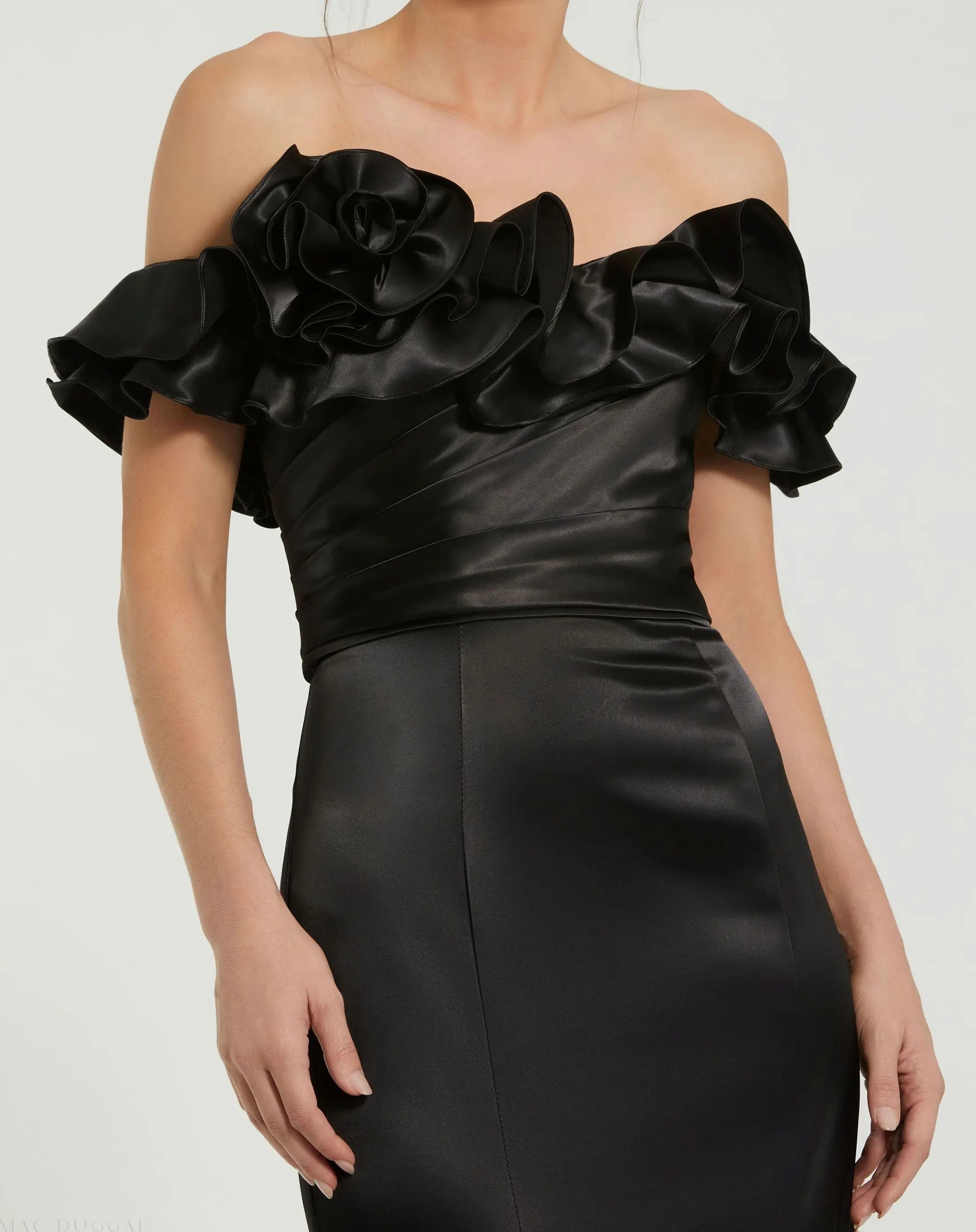 Black Satin Ruffle Off the Shoulder Mermaid Gown - Mac Duggal