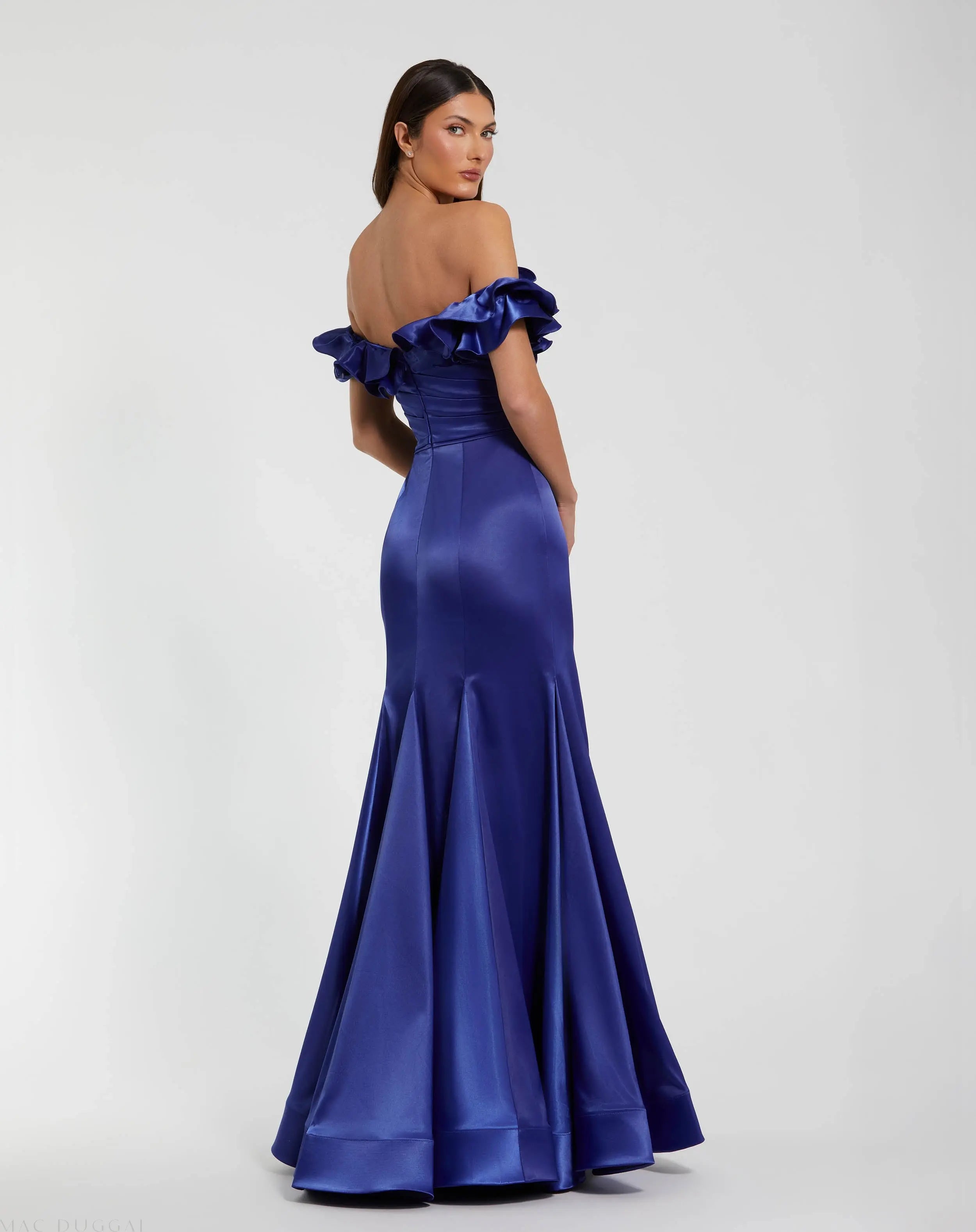 Blue Satin Ruffle Off the Shoulder Mermaid Gown - Mac Duggal