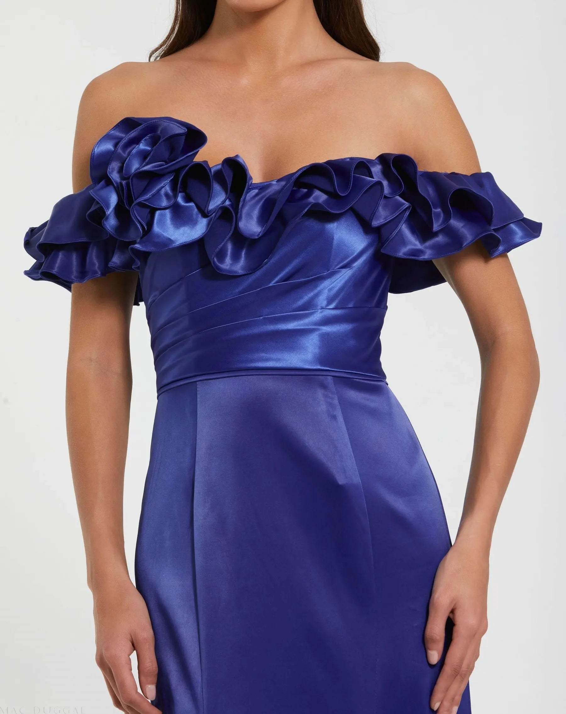 Blue Satin Ruffle Off the Shoulder Mermaid Gown - Mac Duggal