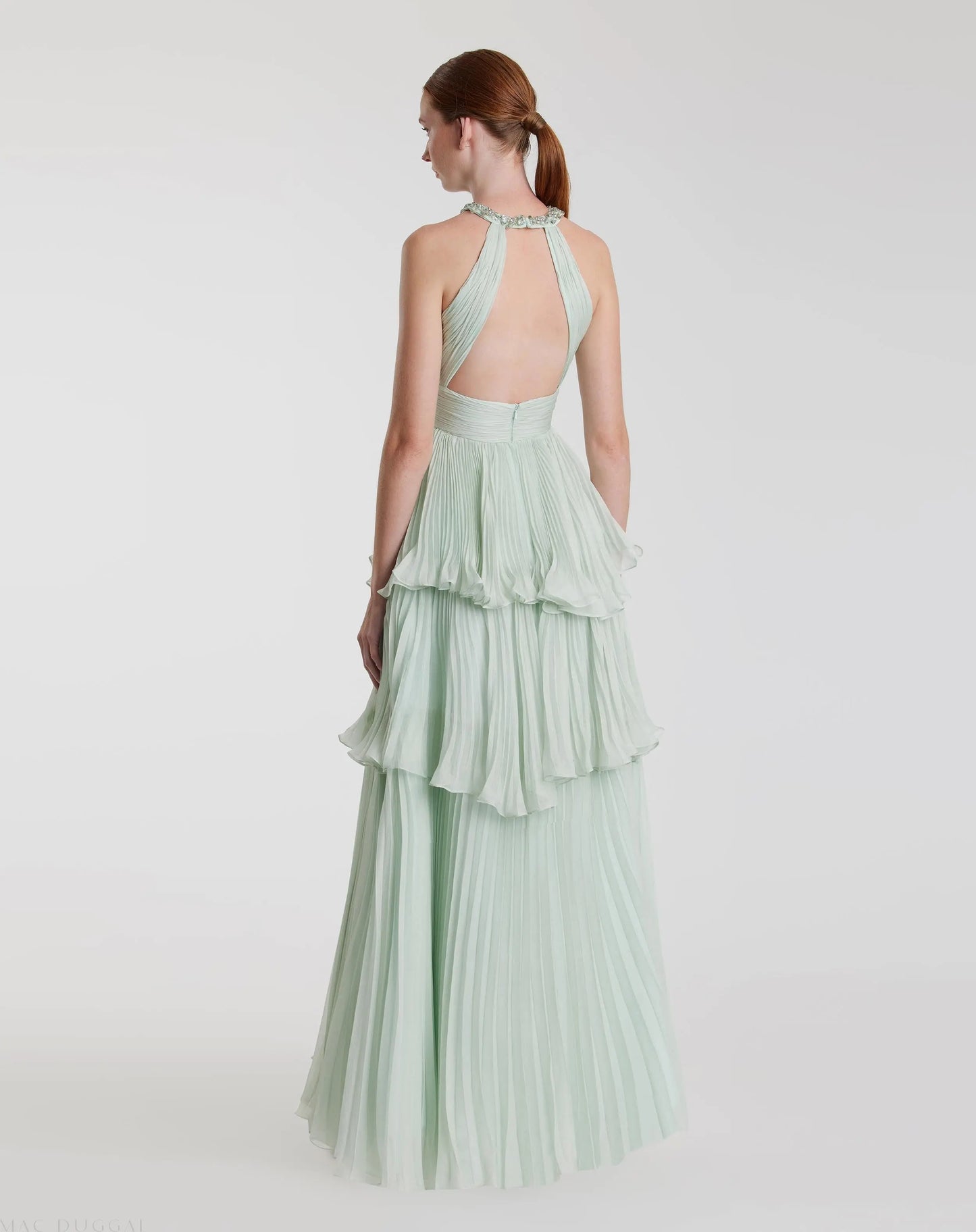 Green High Neck Chiffon Tiered Gown with Cut Out - Mac Duggal